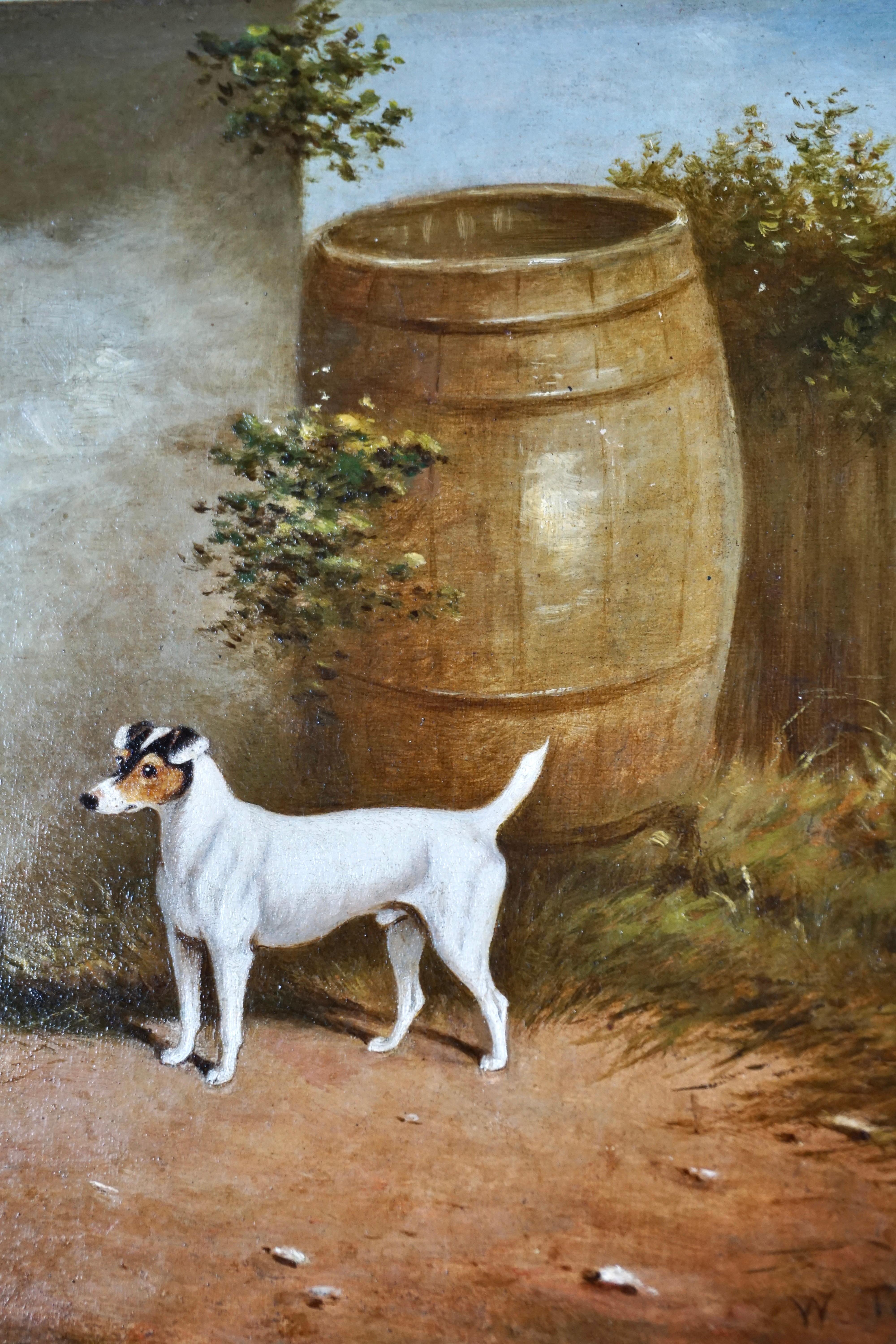 Victorian Charming English Oil Painting by W. Turner of a Jack Russell Terrier and Sly Fox