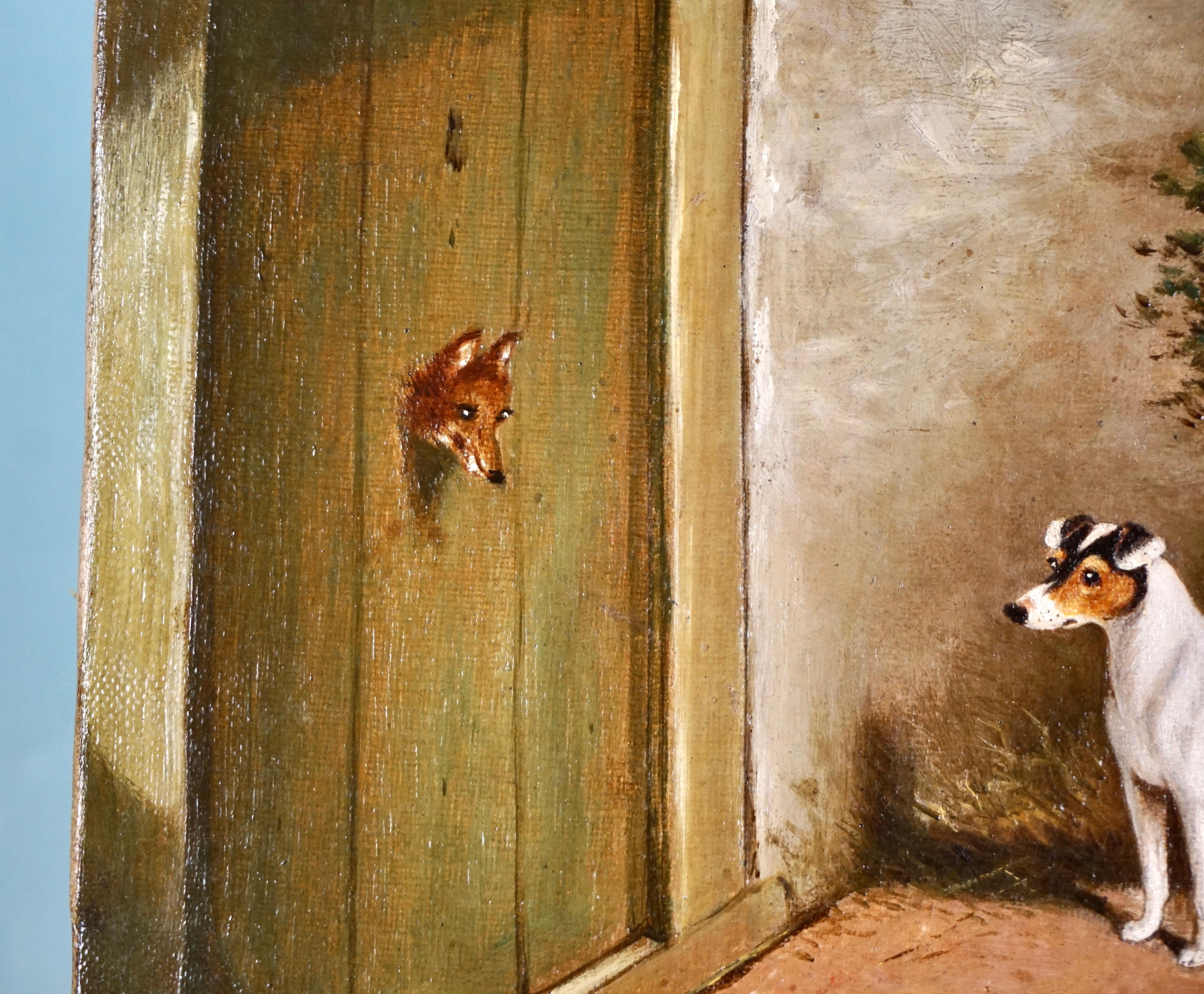 Charming English Oil Painting by W. Turner of a Jack Russell Terrier and Sly Fox In Good Condition In San Francisco, CA