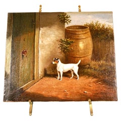 Antique Charming English Oil Painting by W. Turner of a Jack Russell Terrier and Sly Fox