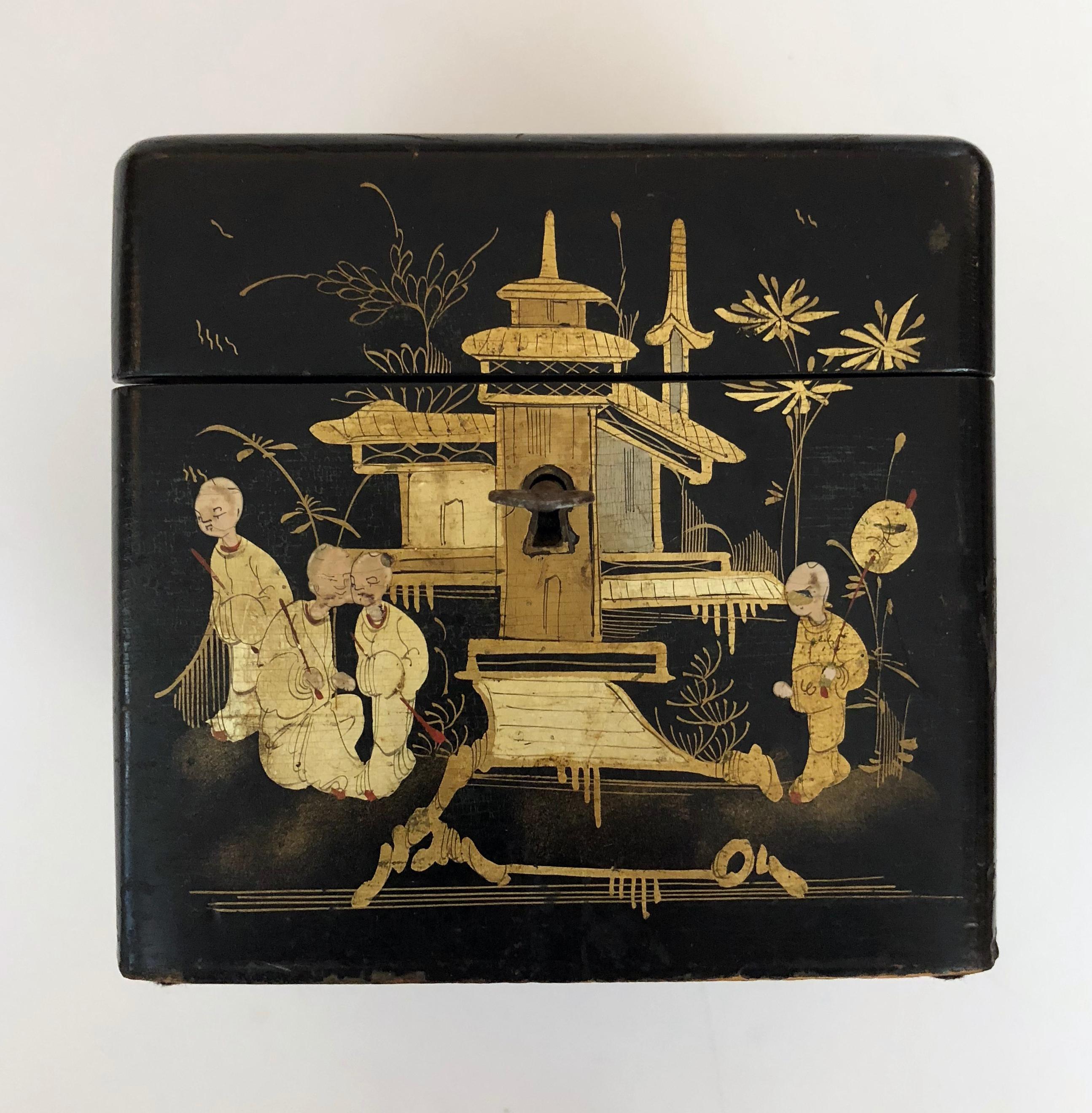 Early 19th Century Charming English Regency Japanned Square-Form Tea Caddy For Sale