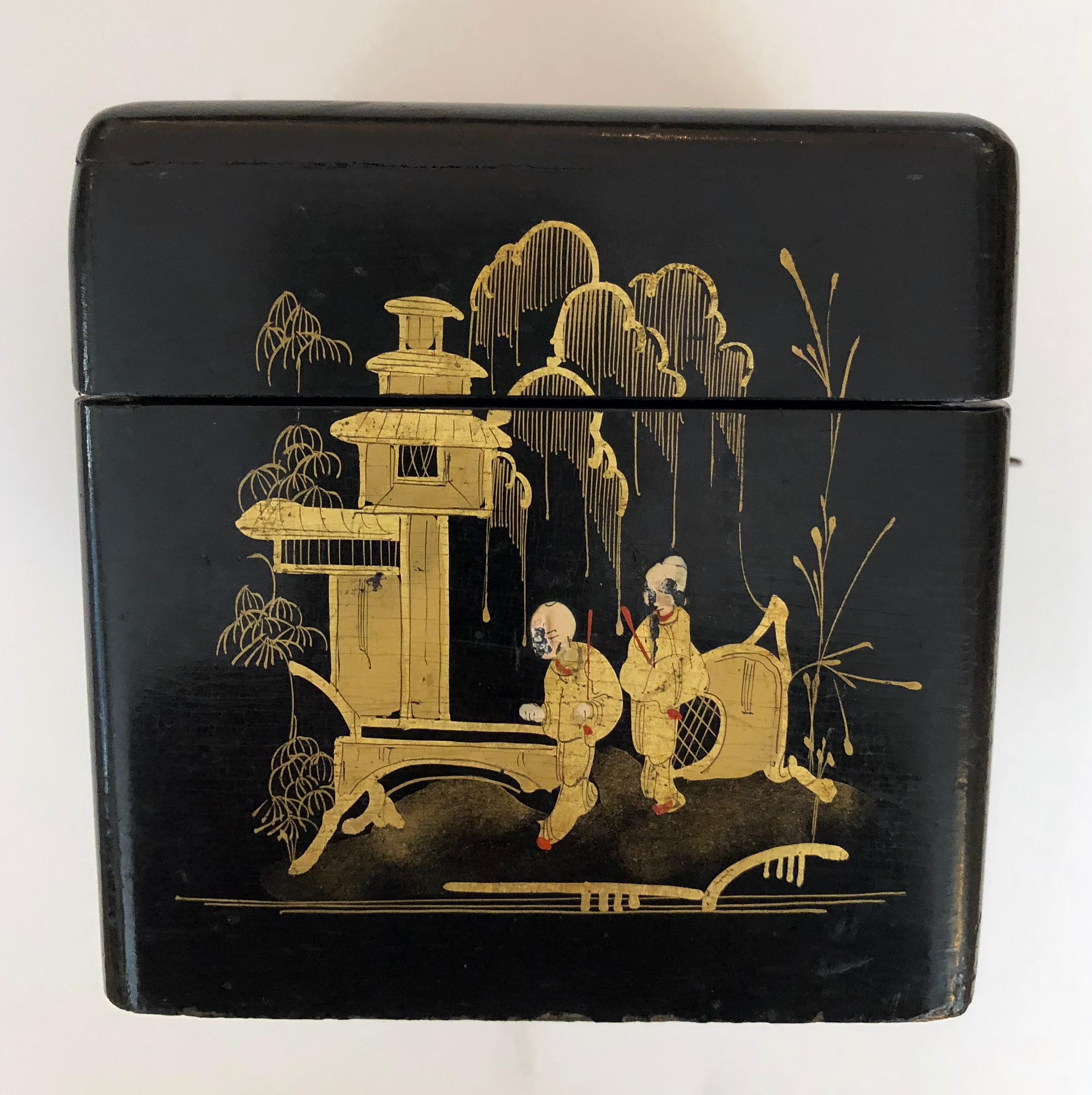 Charming English Regency Japanned Square-Form Tea Caddy For Sale 1