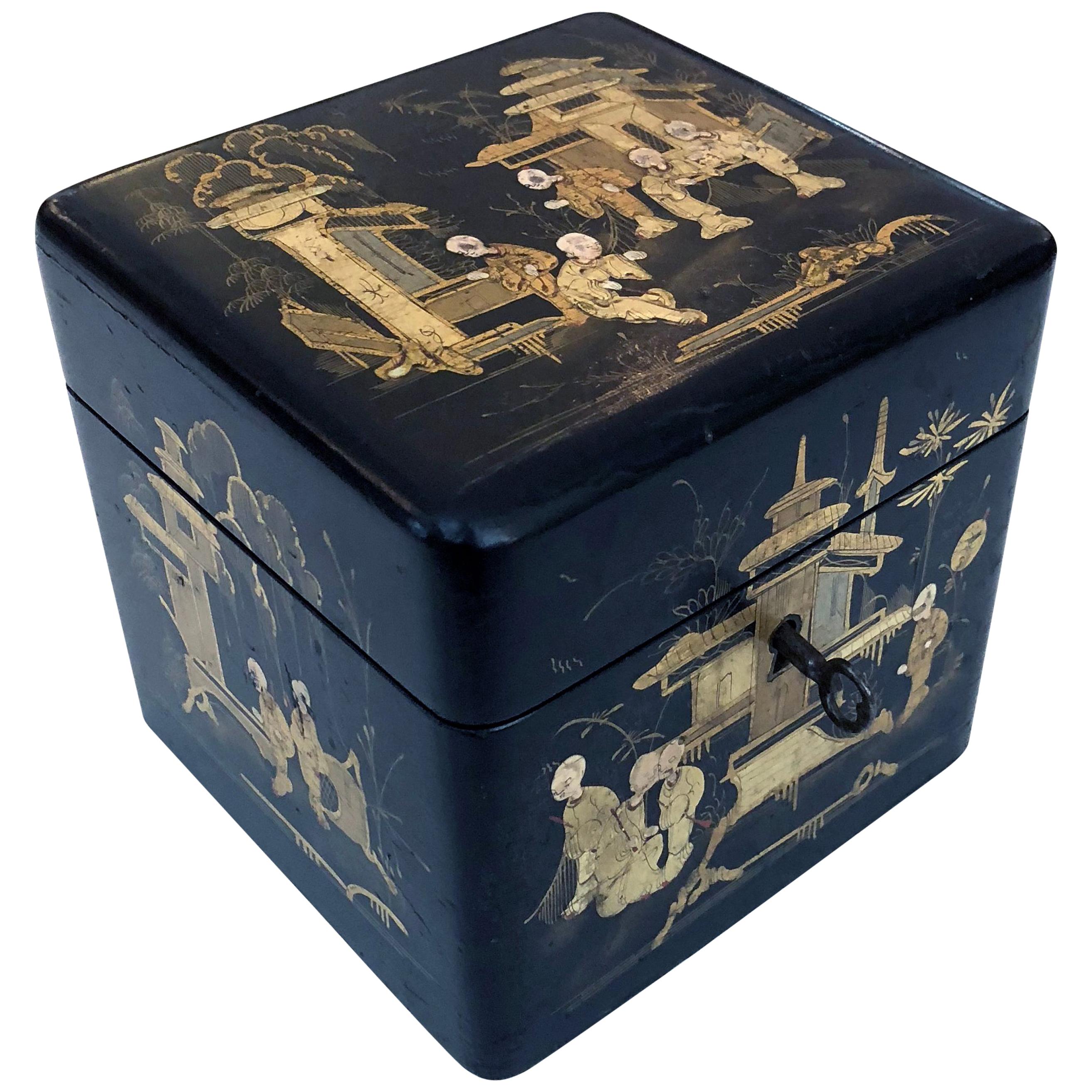 Charming English Regency Japanned Square-Form Tea Caddy For Sale