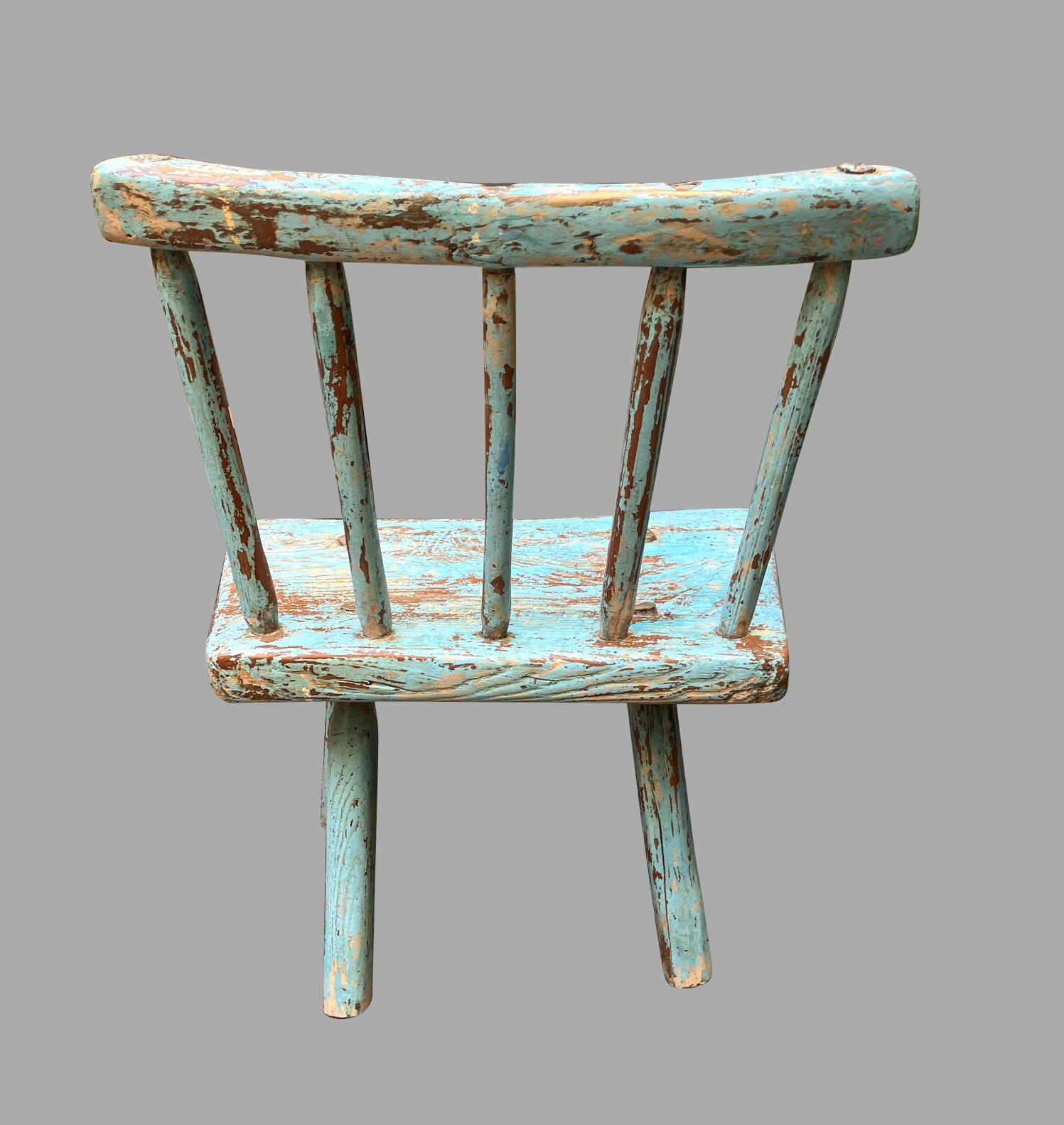 19th Century Charming English Rustic Windsor Child's Chair in Old Blue Paint