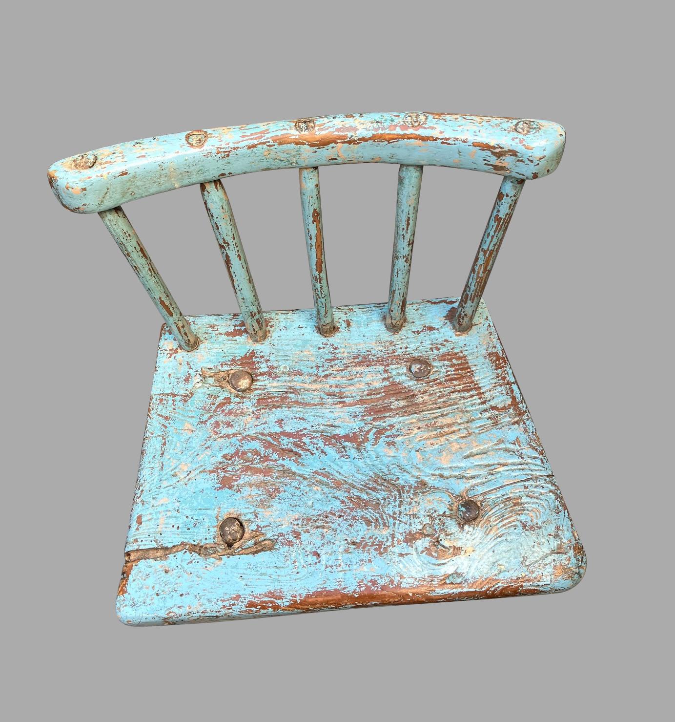 Beech Charming English Rustic Windsor Child's Chair in Old Blue Paint