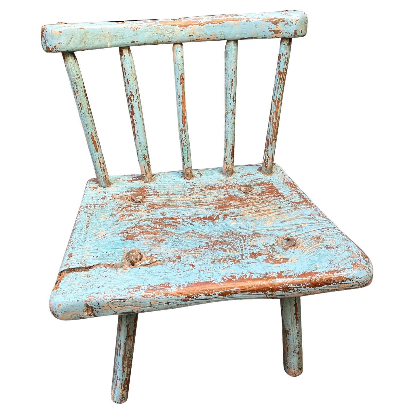 Charming English Rustic Windsor Child's Chair in Old Blue Paint