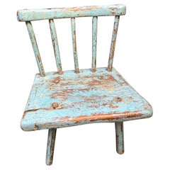 Antique Charming English Rustic Windsor Child's Chair in Old Blue Paint