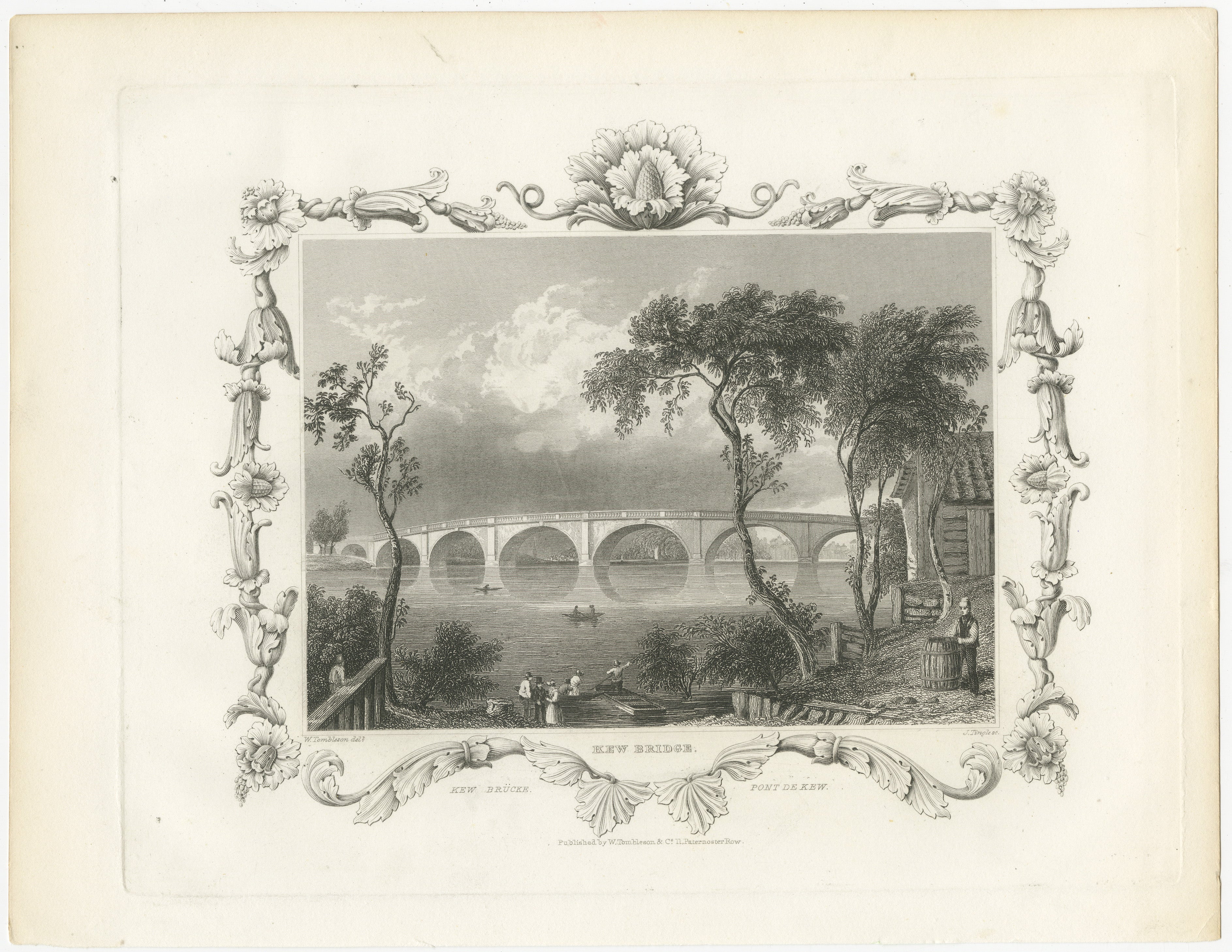 This steel engraving is a charming portrayal of Kew Bridge over the River Thames, as visualized by the artist J. Tingle after an original by William Tombleson, dating back to around 1833. The image is steeped in tranquility, capturing the essence of
