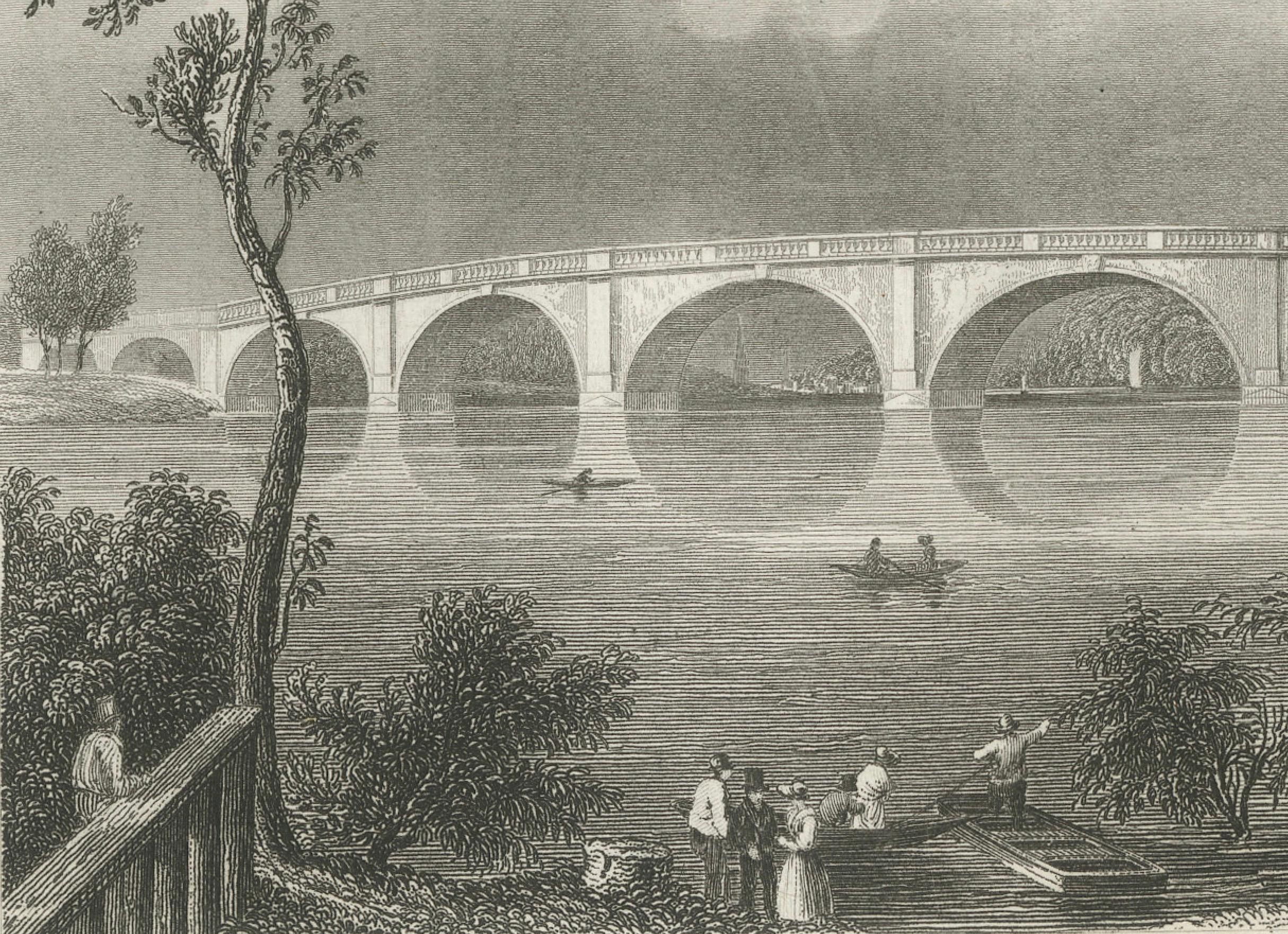Engraved  Charming Engraving of Kew Bridge over the River Thames, 1835 For Sale