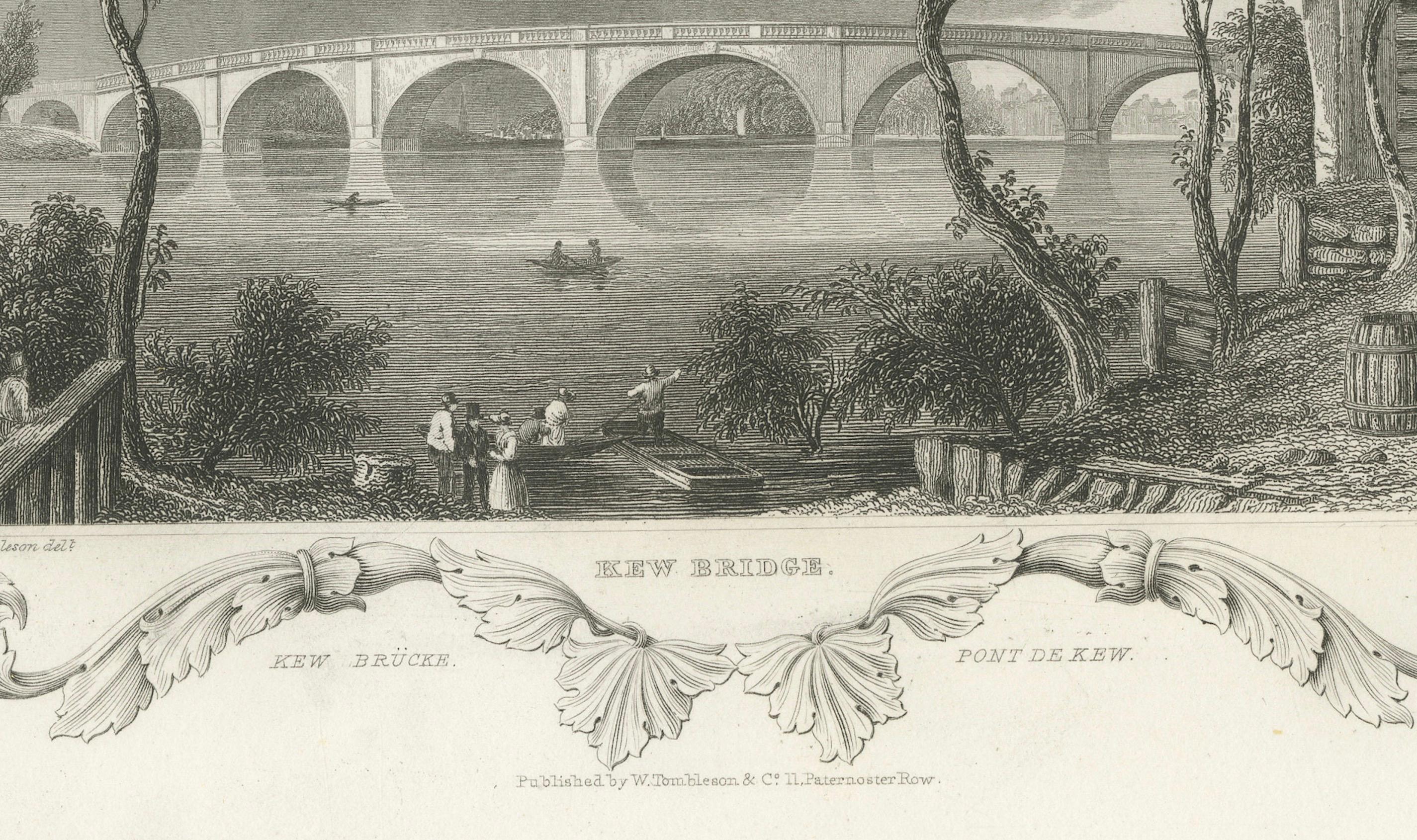 Mid-19th Century  Charming Engraving of Kew Bridge over the River Thames, 1835 For Sale