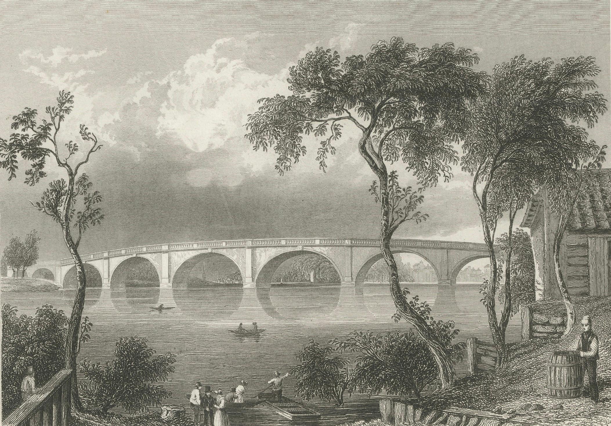 Paper  Charming Engraving of Kew Bridge over the River Thames, 1835 For Sale