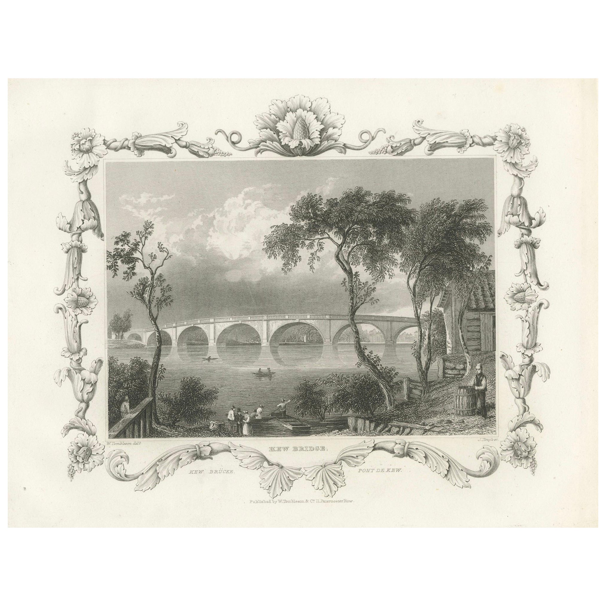 Charmante gravure du pont de Kew au-dessus de la Tamise, 1835