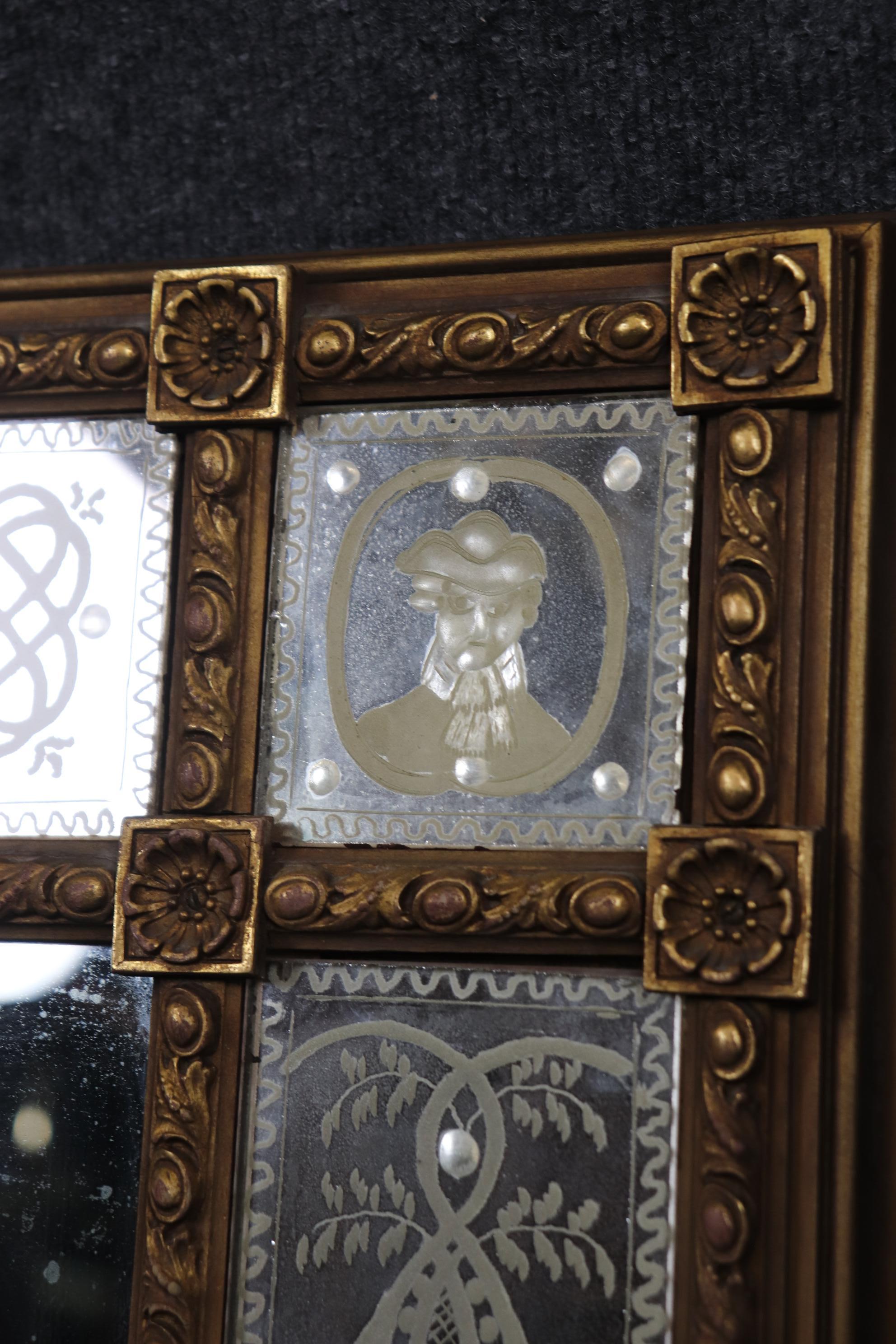 Charming Etched Glass Italian Husband and Wife Giltwood Mirror For Sale 5