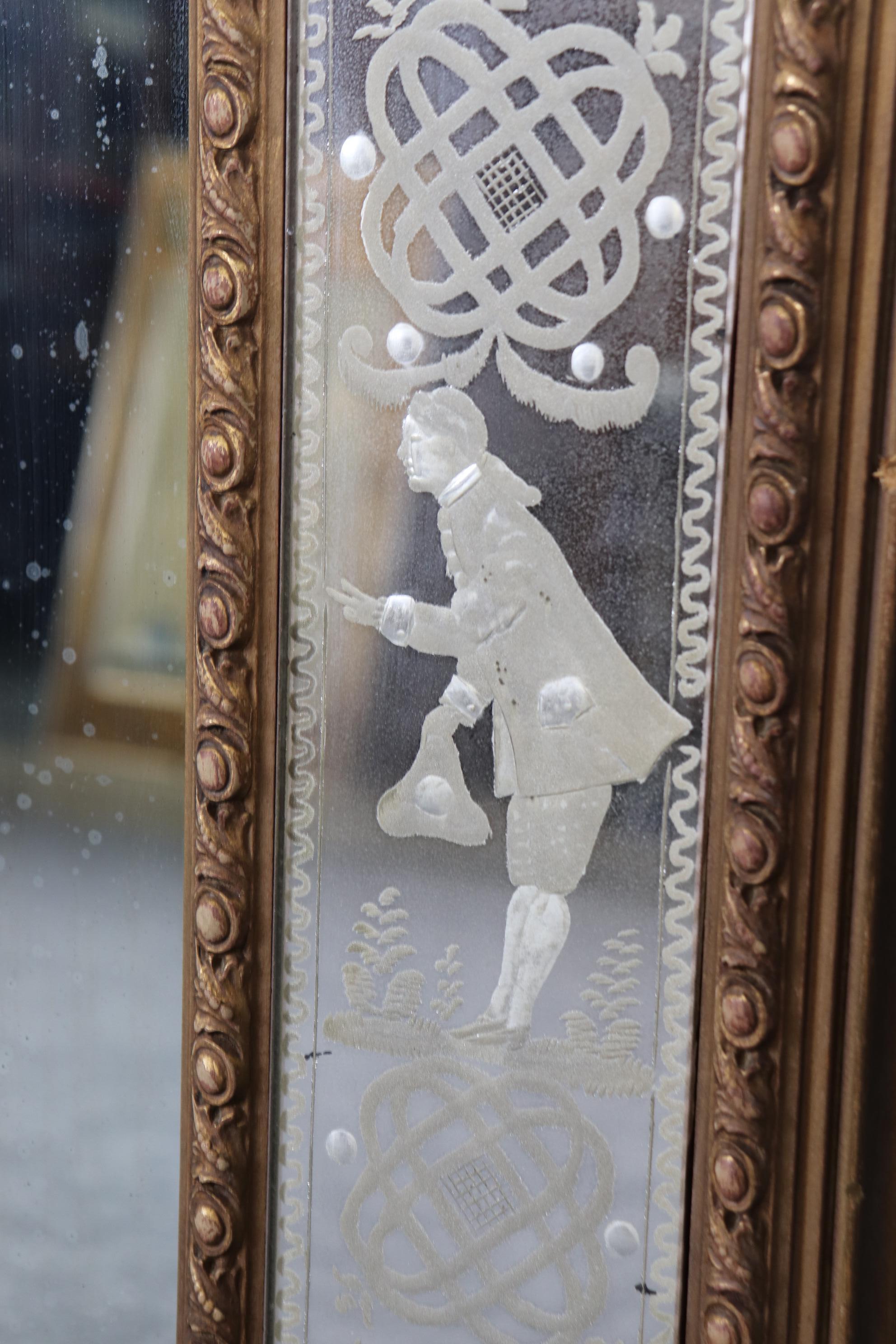 Neoclassical Revival Charming Etched Glass Italian Husband and Wife Giltwood Mirror For Sale
