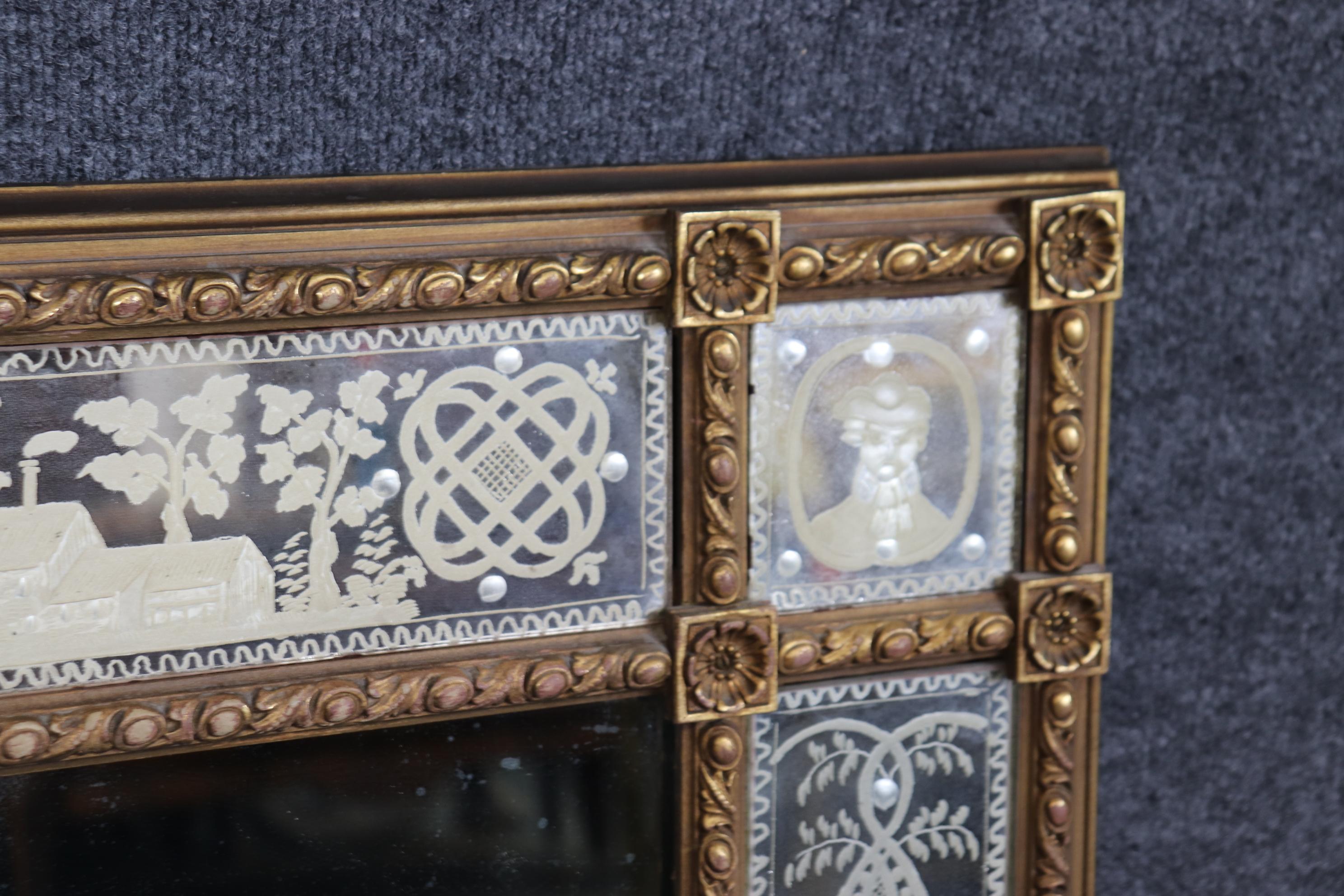 Charming Etched Glass Italian Husband and Wife Giltwood Mirror For Sale 4