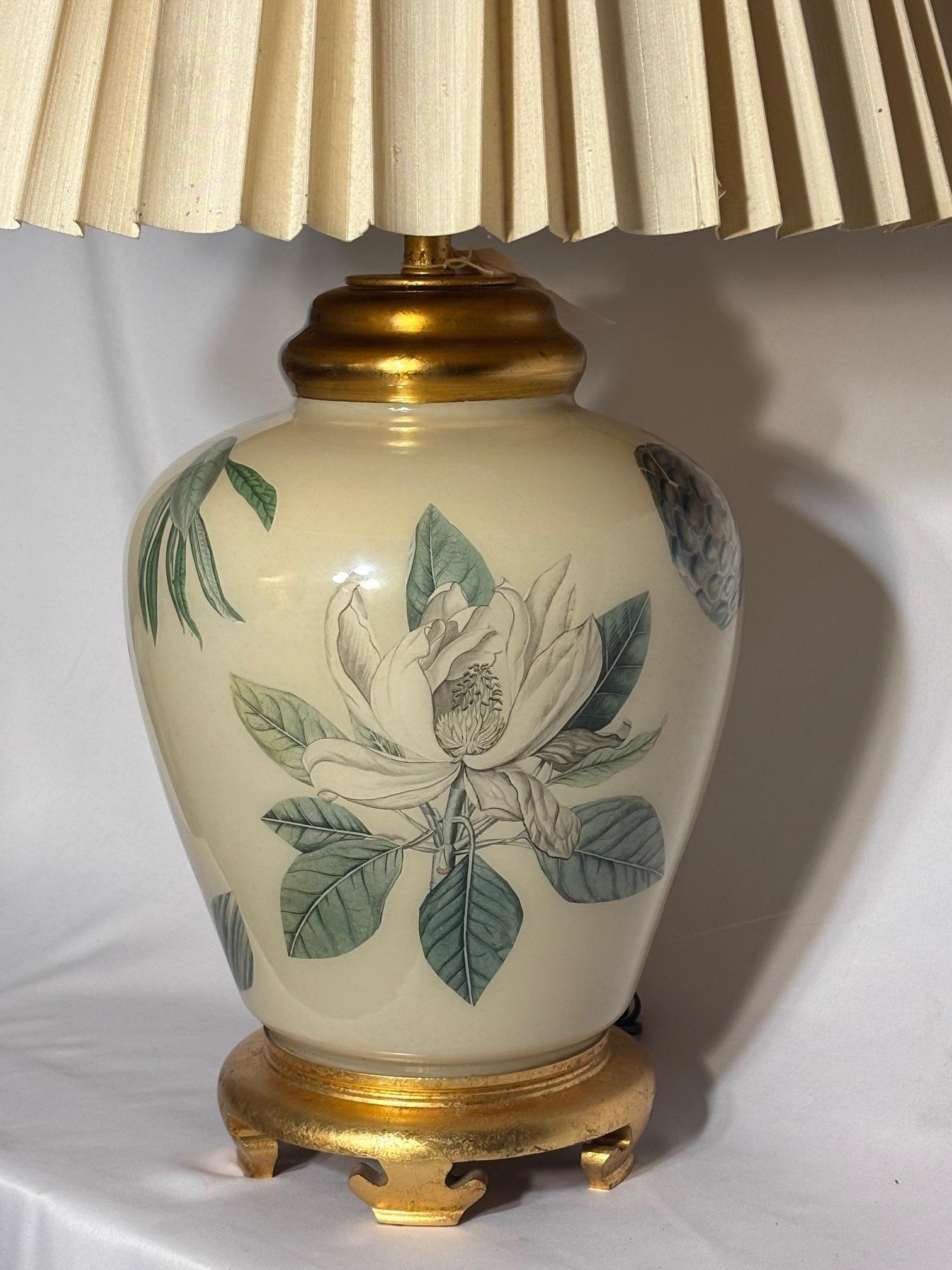 Charming porcelain faience table lamp with botanical illustrations.

Probably English from the 1970's- original silk pleated shade 