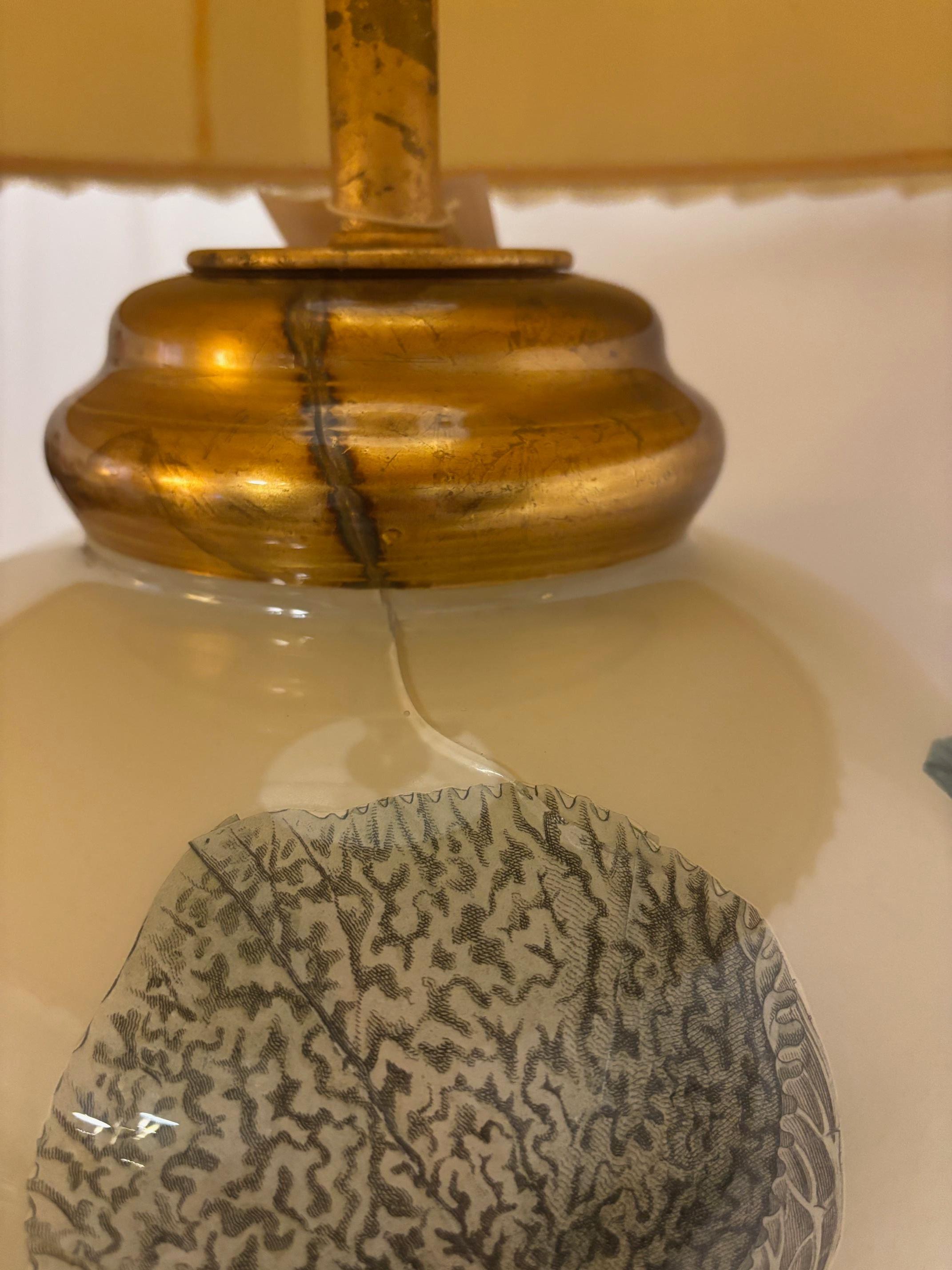 English Charming Faience Table lamp with original silk pleated shade For Sale