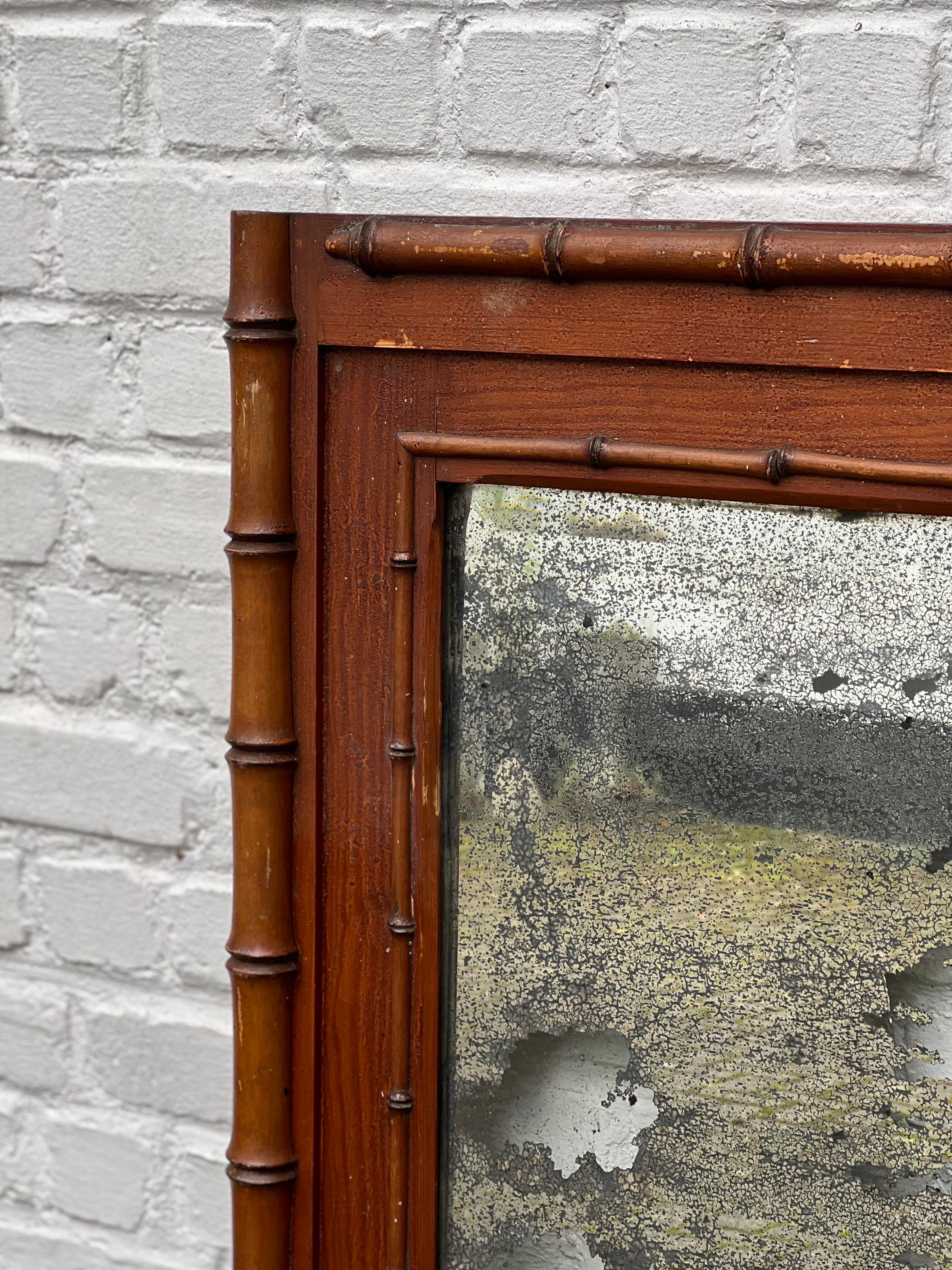 Beaux Arts Charming Faux bamboo wooden 1880s Mirror, lots of patina  For Sale
