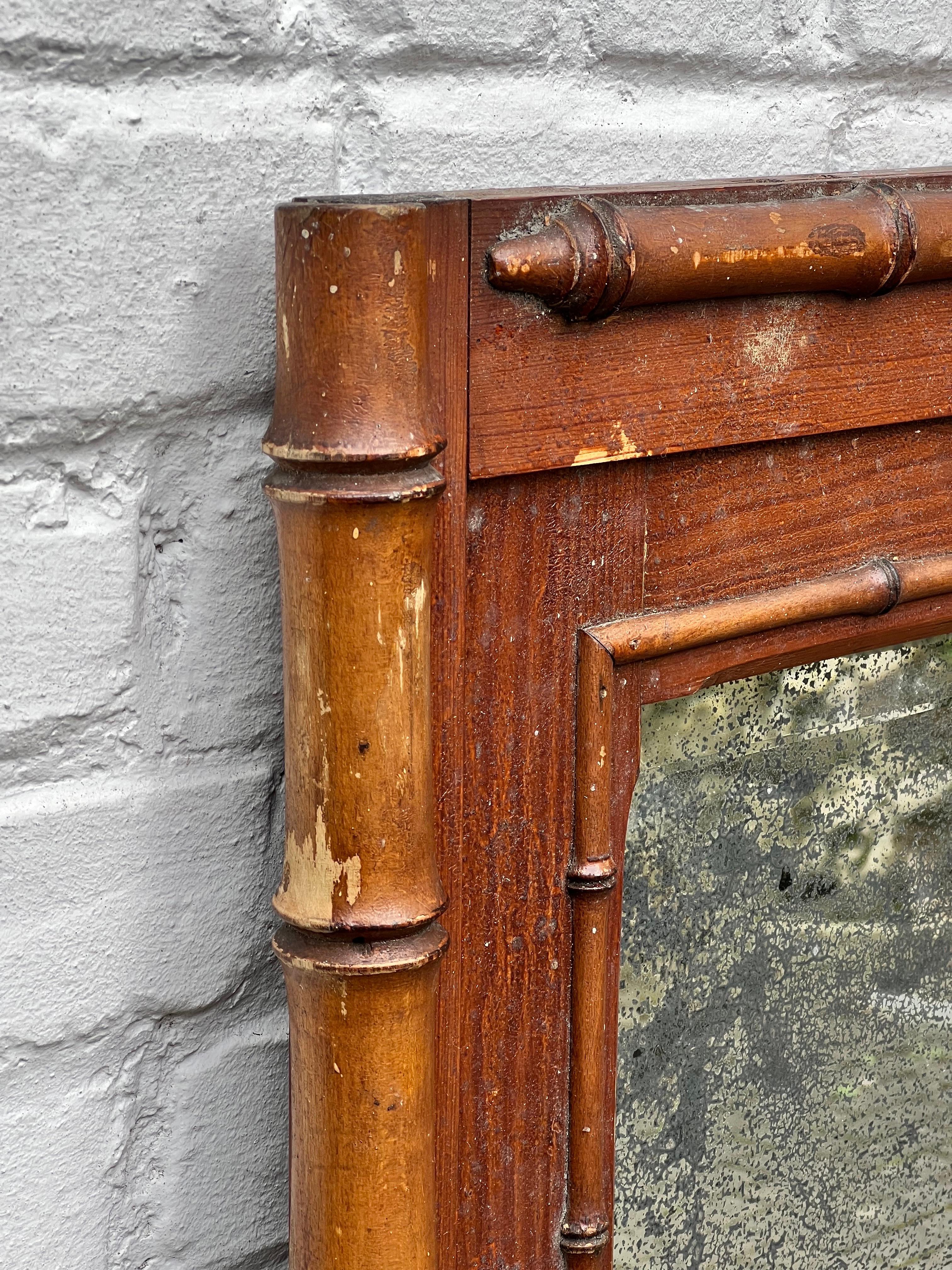 19th Century Charming Faux bamboo wooden 1880s Mirror, lots of patina  For Sale