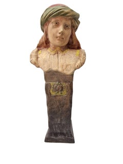Charming female bust on pedestal, ceramics company Bechyne, 1900, Czech Republic