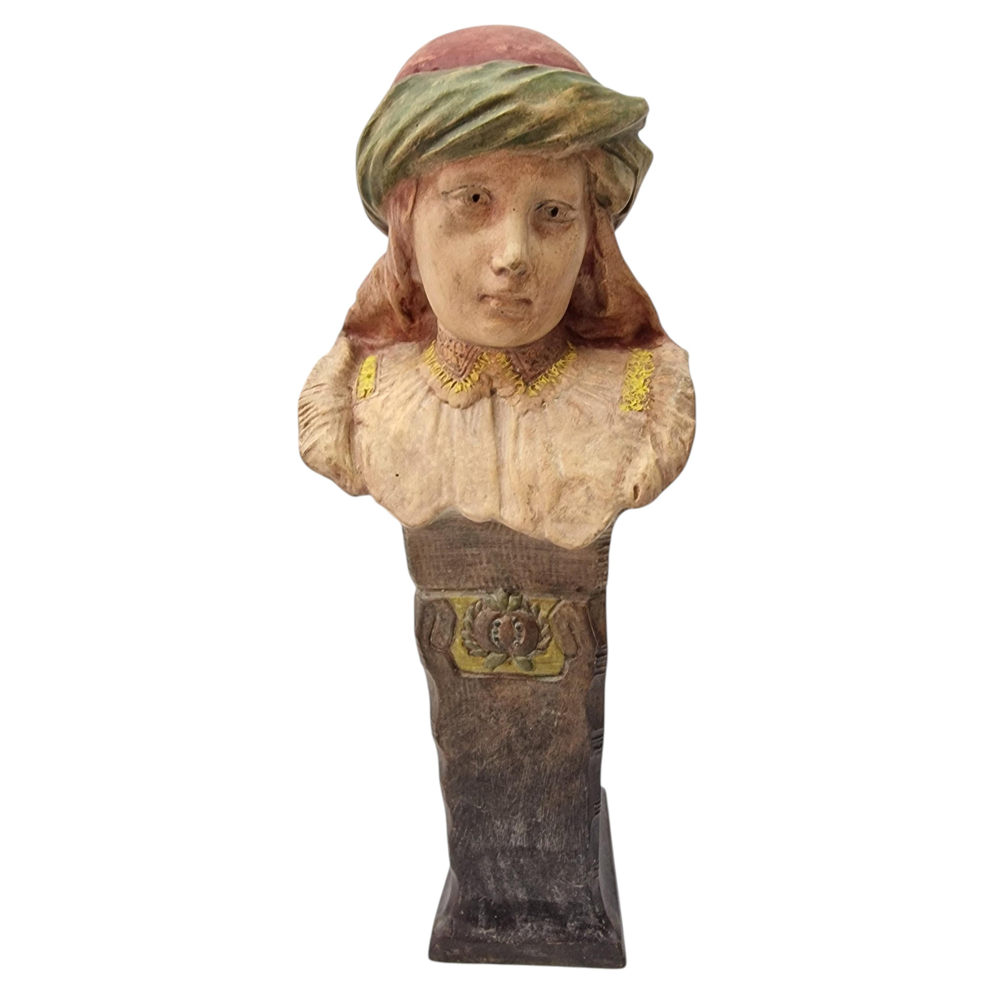 Charming female bust on pedestal, ceramics company Bechyne, 1900, Czech Republic For Sale