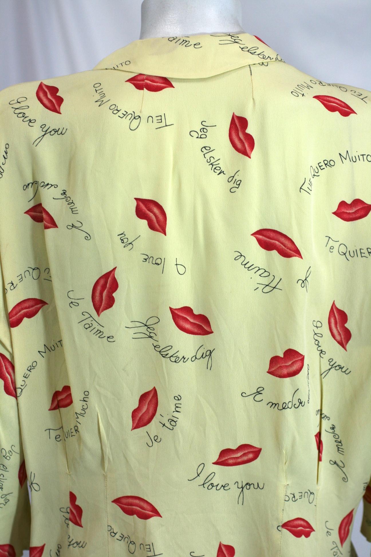 Beige Charming Figural Lips And Love Sayings Printed Blouse For Sale