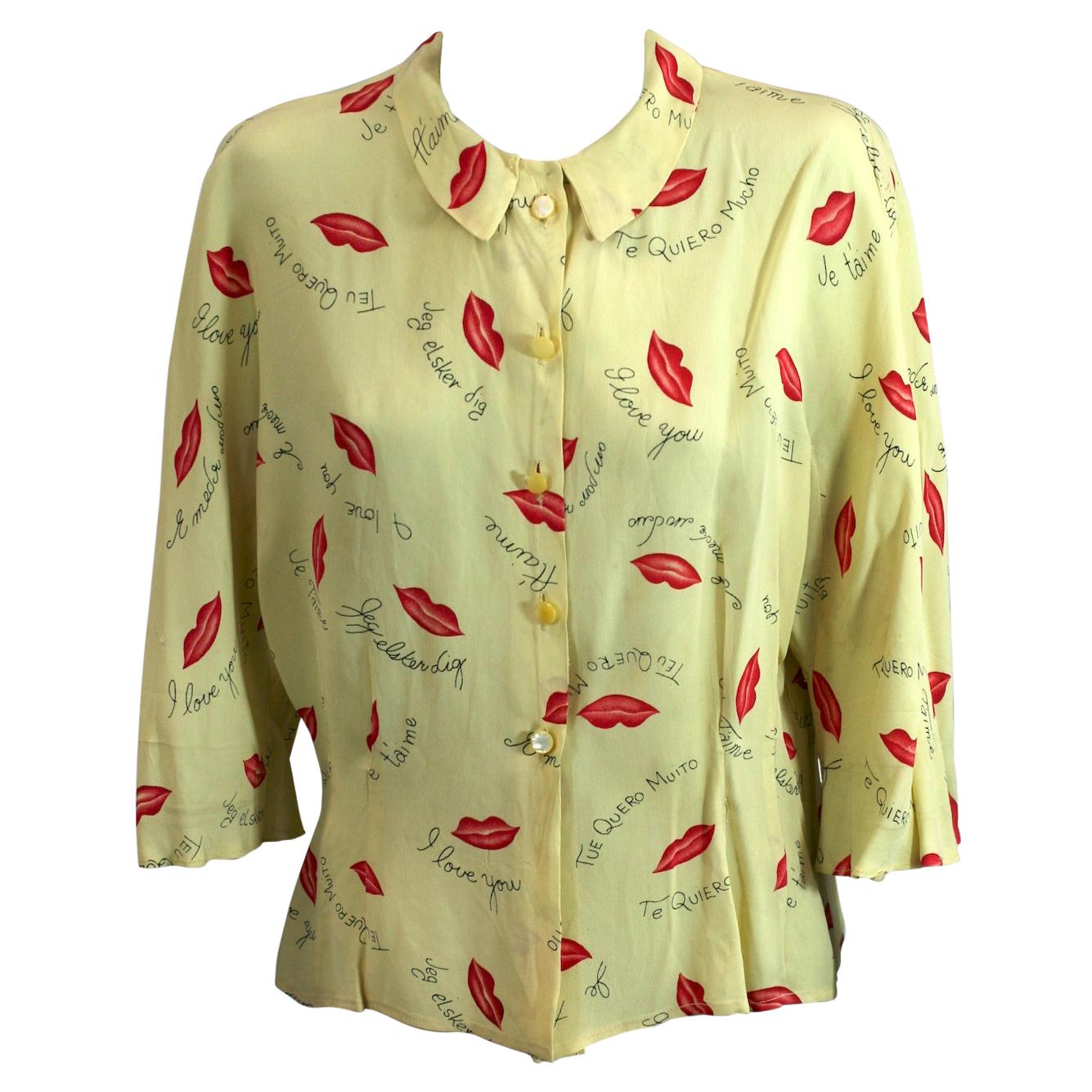 Charming Figural Lips And Love Sayings Printed Blouse