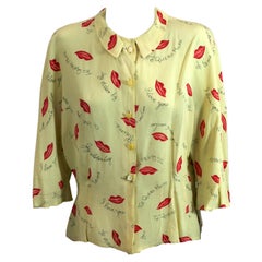 Vintage Charming Figural Lips And Love Sayings Printed Blouse