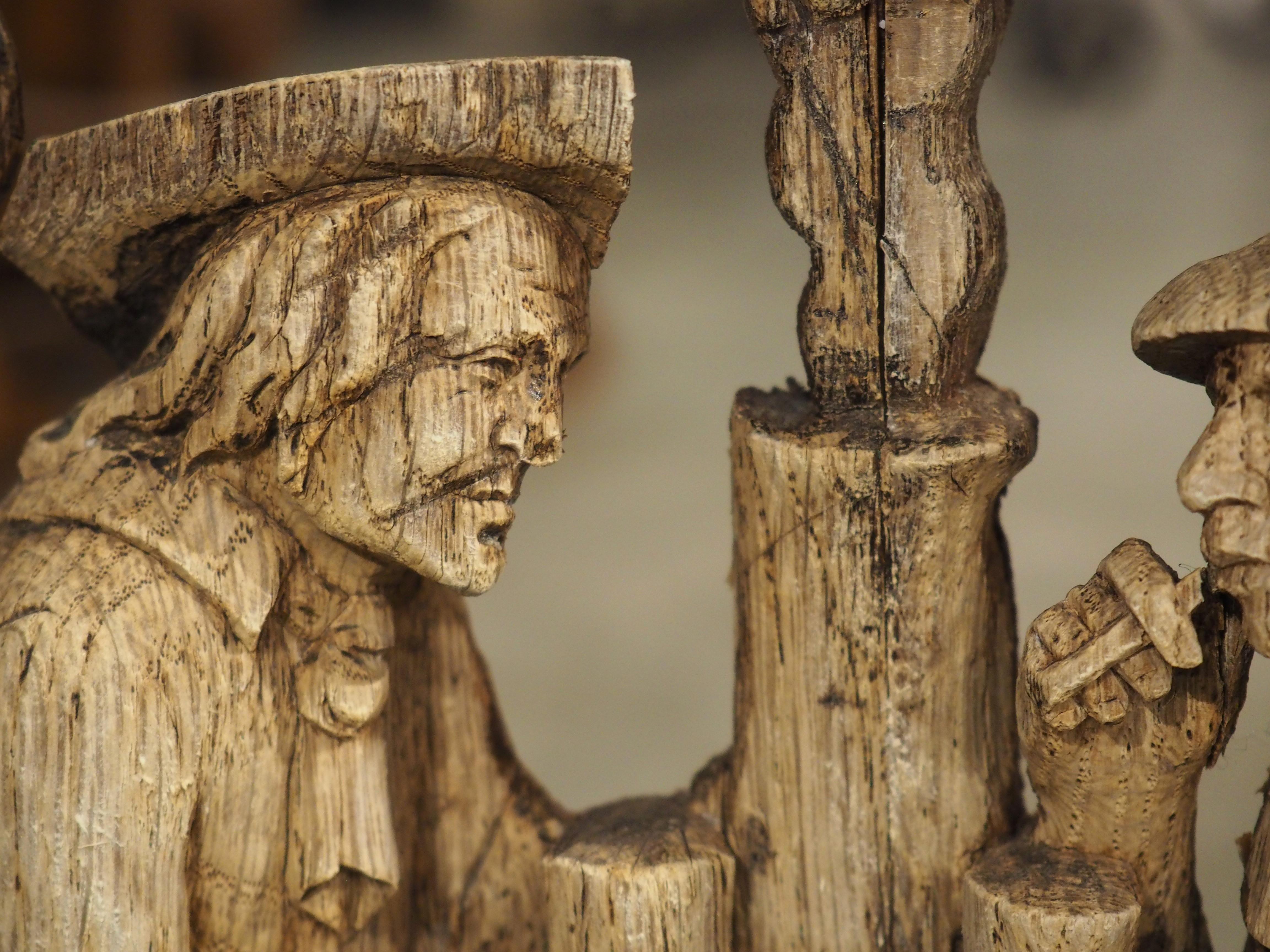 Charming Flemish Washed Oak Capital, Two Men Drinking at a Barrel, Circa 1800 For Sale 3