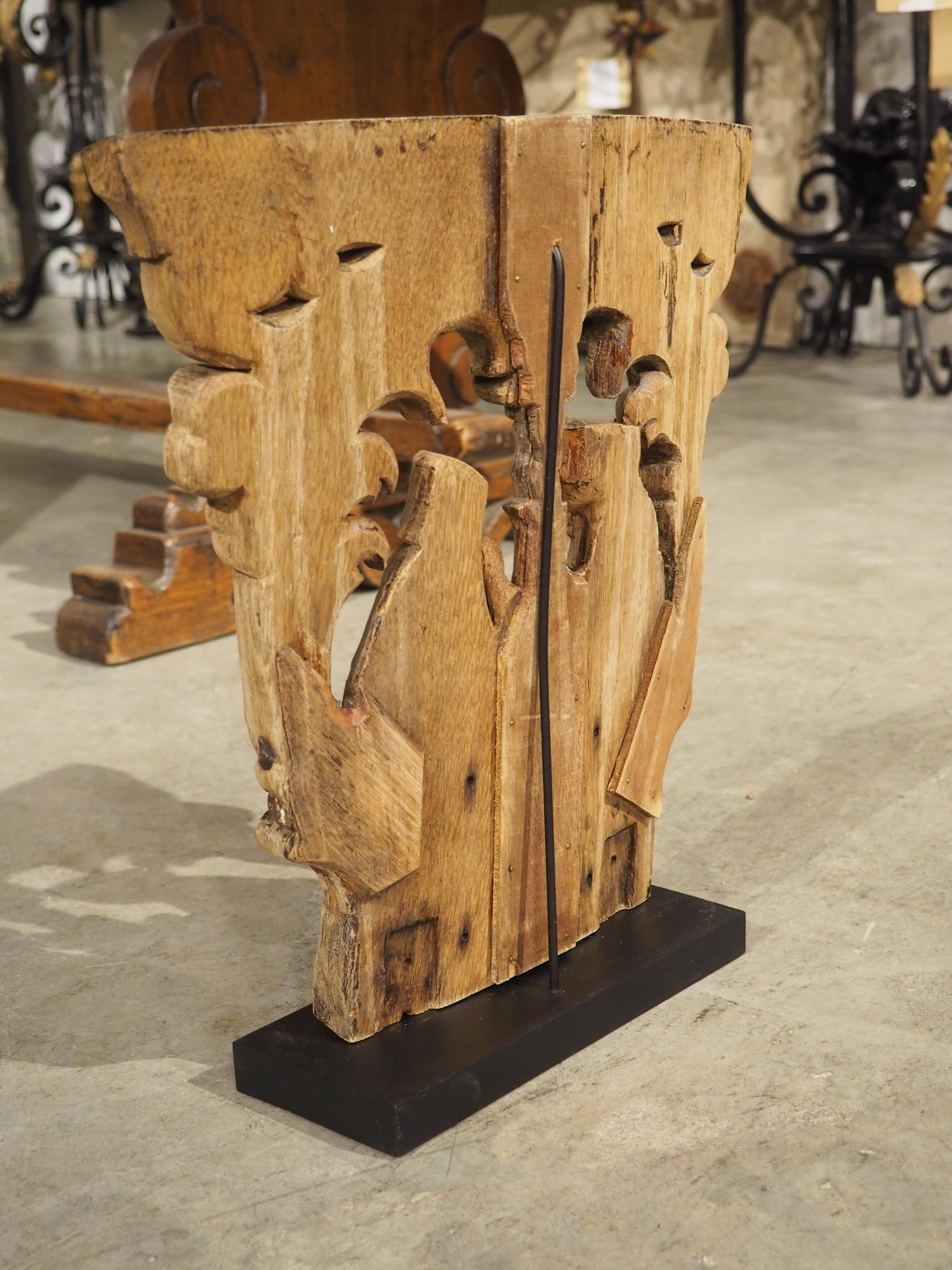 Charming Flemish Washed Oak Capital, Two Men Drinking at a Barrel, Circa 1800 For Sale 4