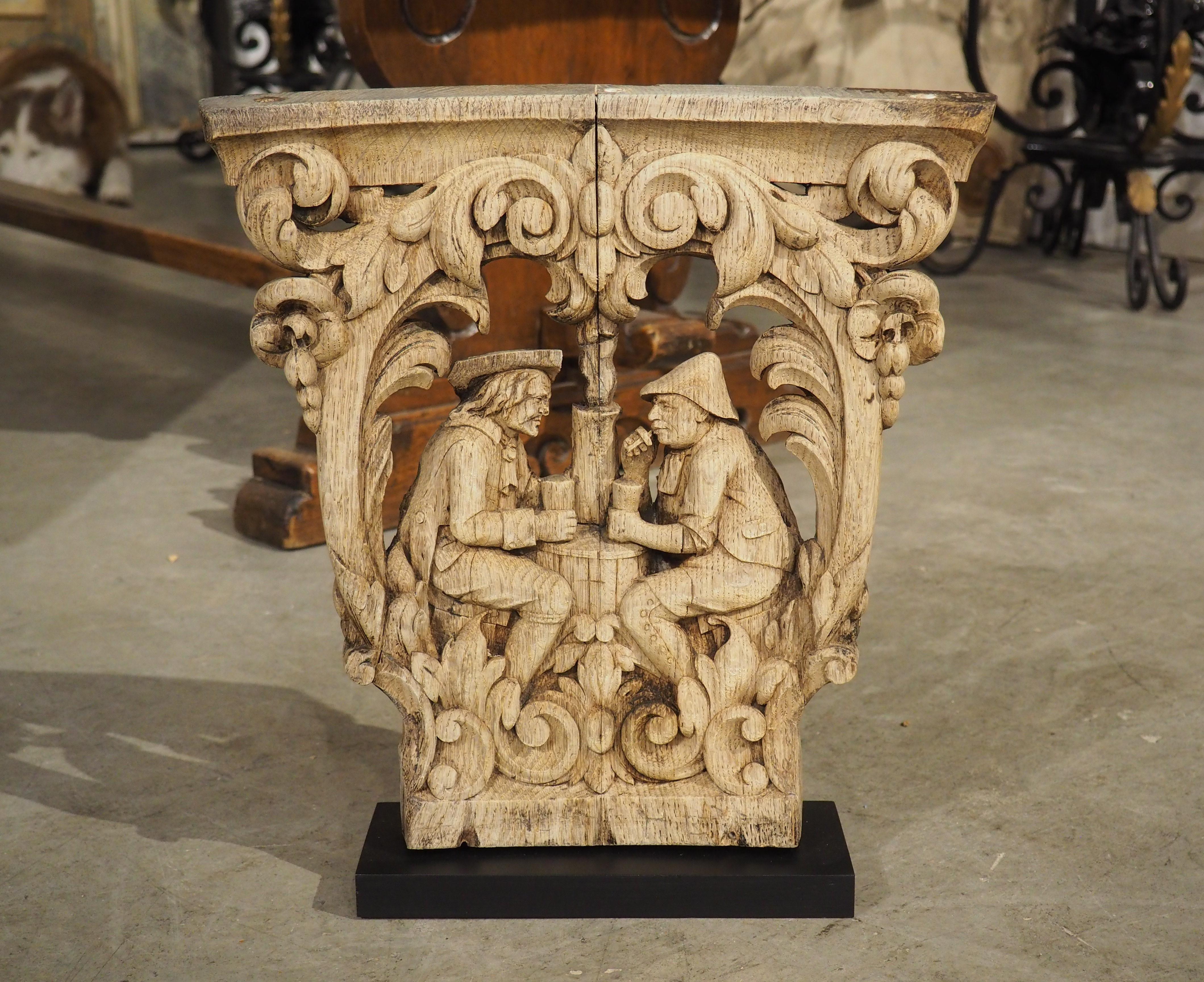 Charming Flemish Washed Oak Capital, Two Men Drinking at a Barrel, Circa 1800 For Sale 5