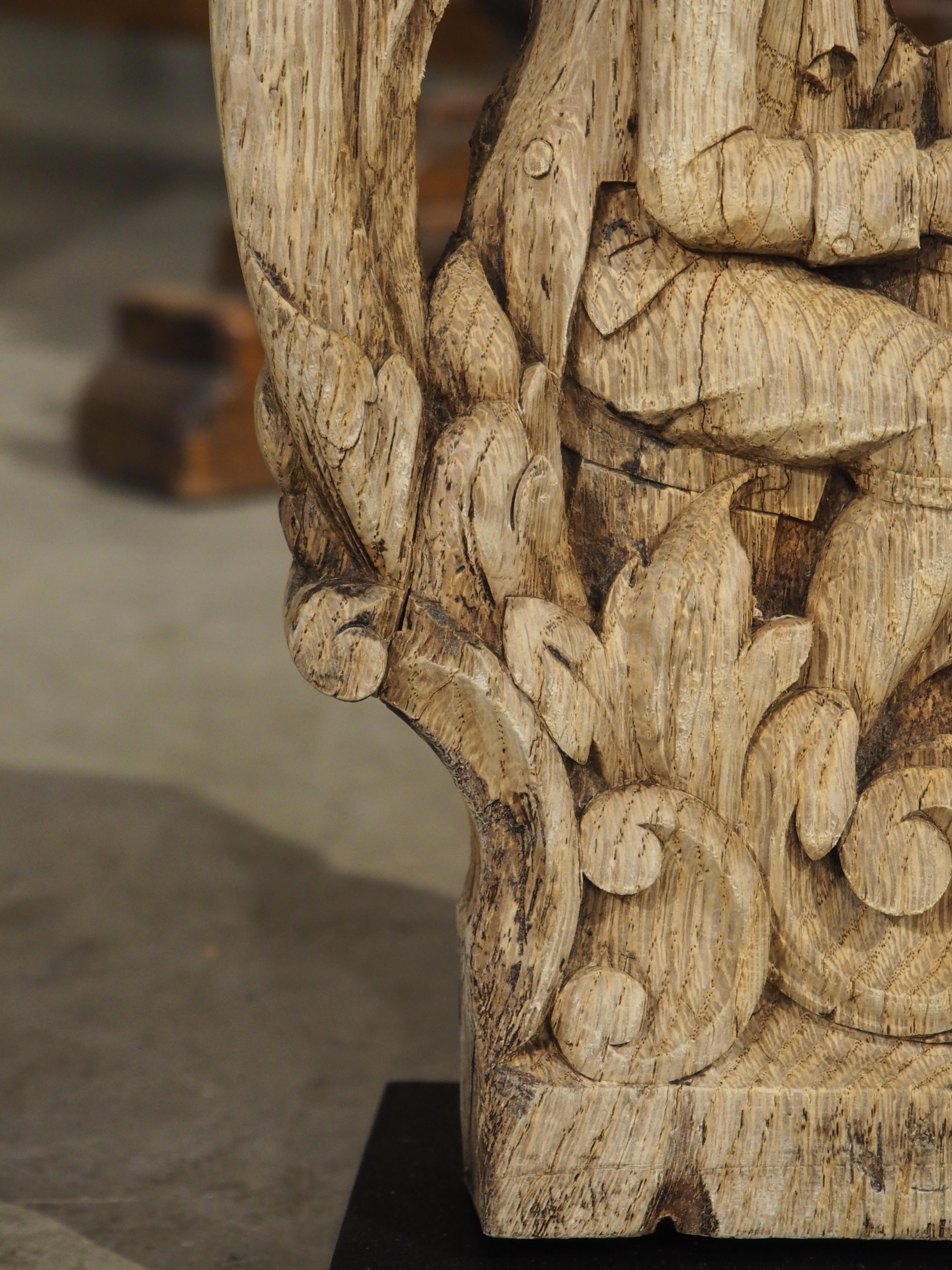 Charming Flemish Washed Oak Capital, Two Men Drinking at a Barrel, Circa 1800 For Sale 1