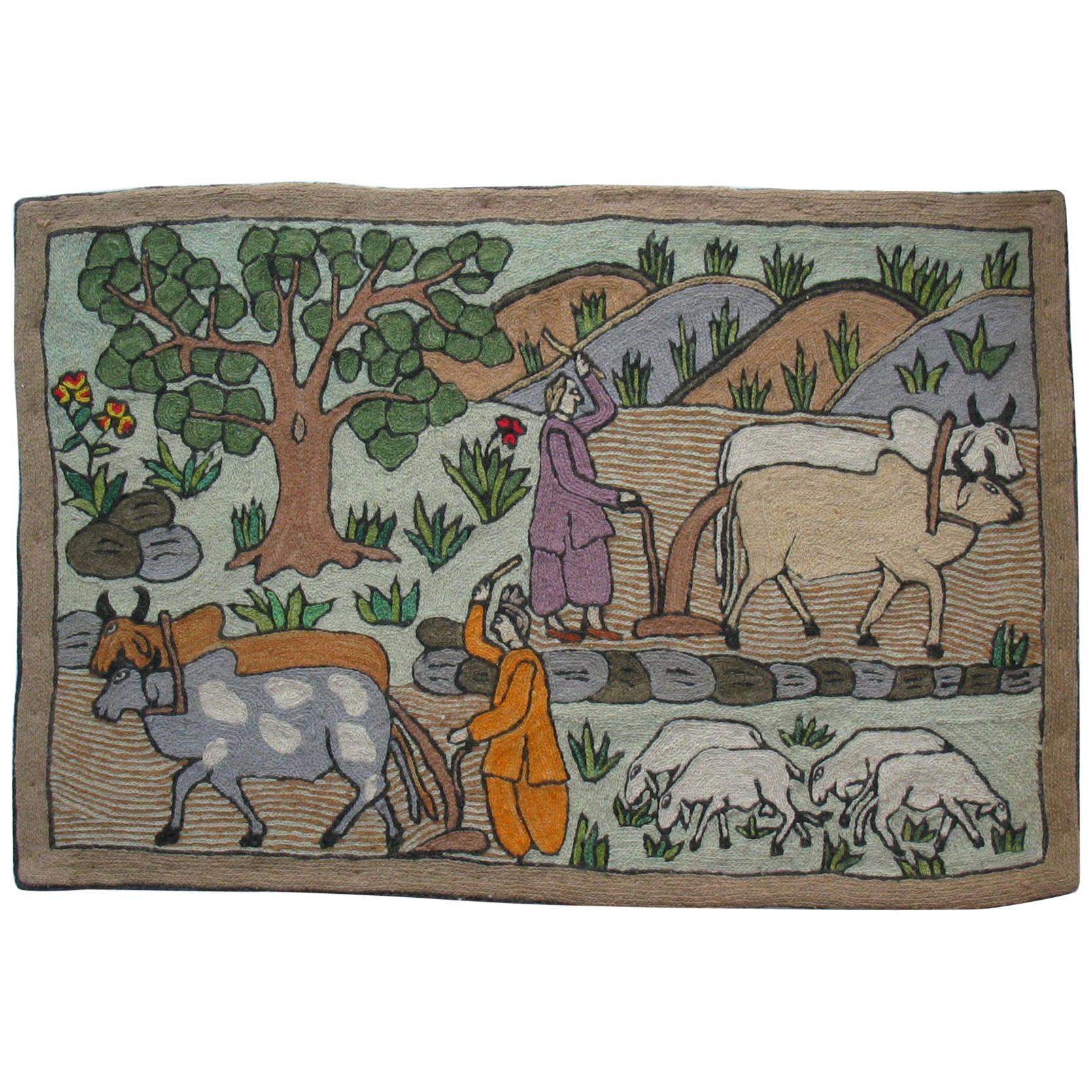 Charming Folk Art "farm scene" Chain Stitch Embroidery Wall Tapestry