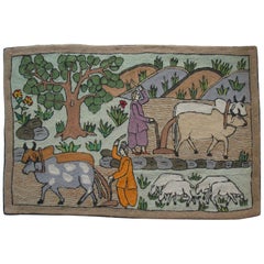 Vintage Charming Folk Art "farm scene" Chain Stitch Embroidery Wall Tapestry