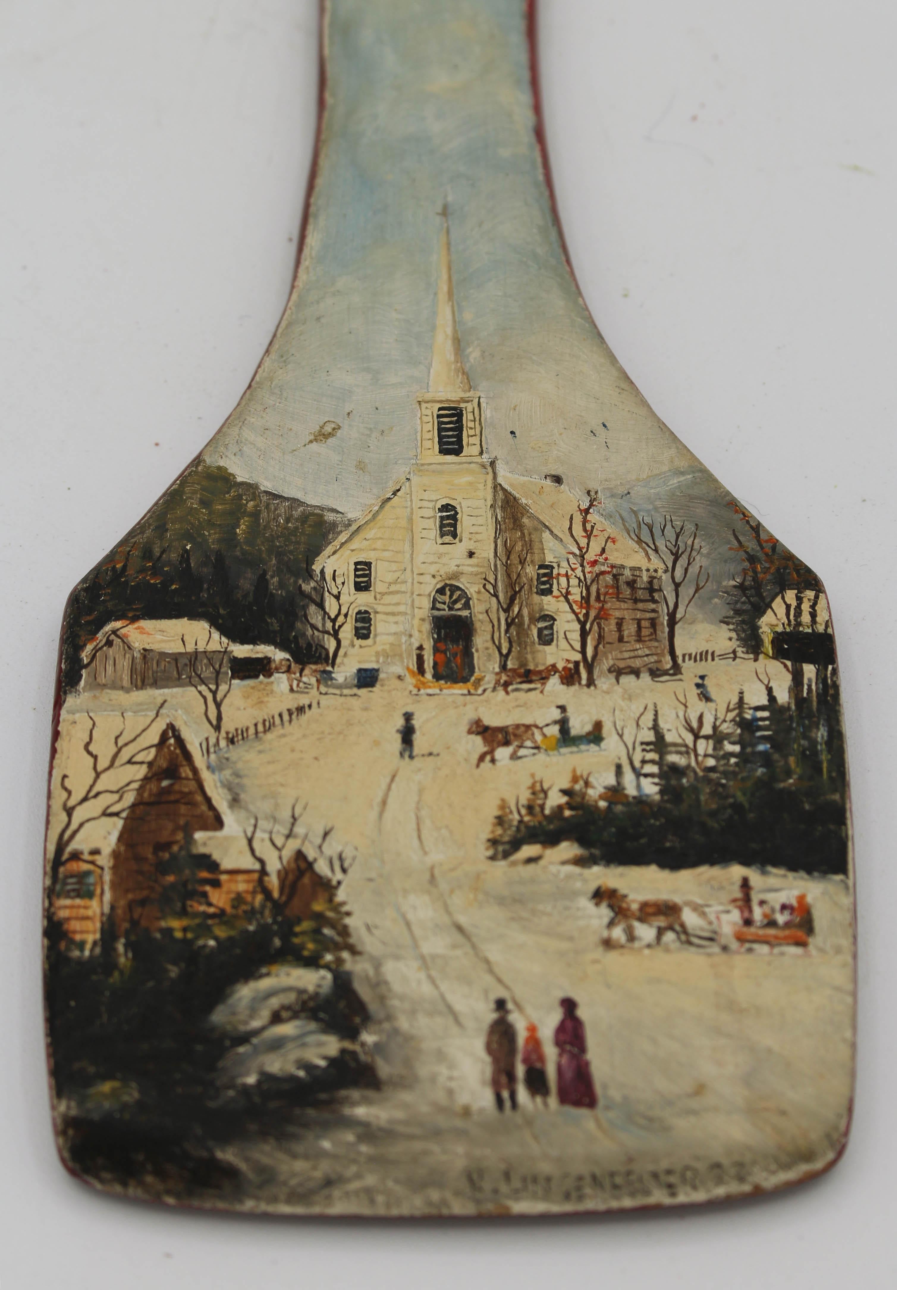 Charming Folk Art Winter Scene Painting on Paddle For Sale 5