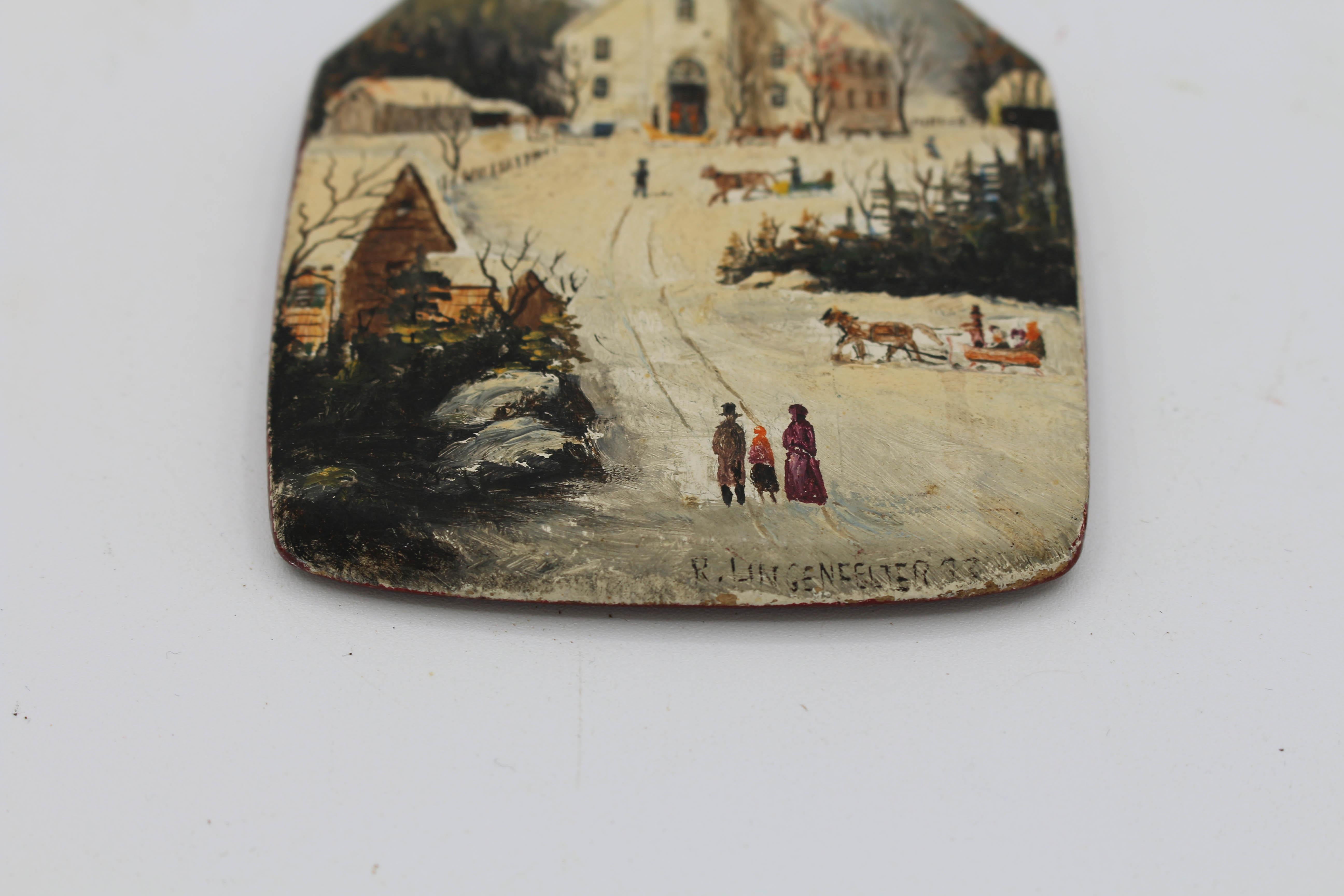 Charming Folk Art Winter Scene Painting on Paddle In Good Condition For Sale In Chapel Hill, NC