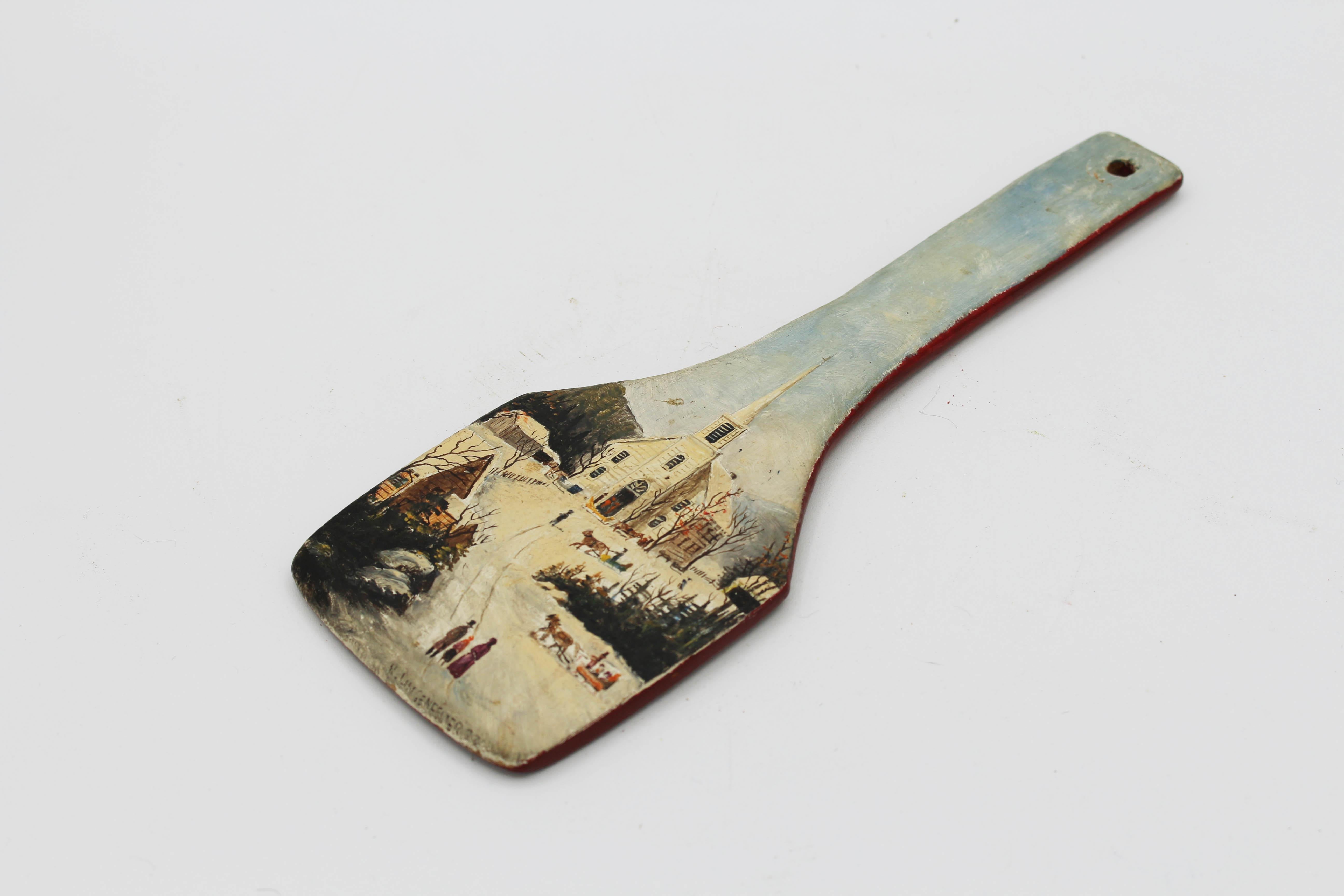 Charming Folk Art Winter Scene Painting on Paddle For Sale 2