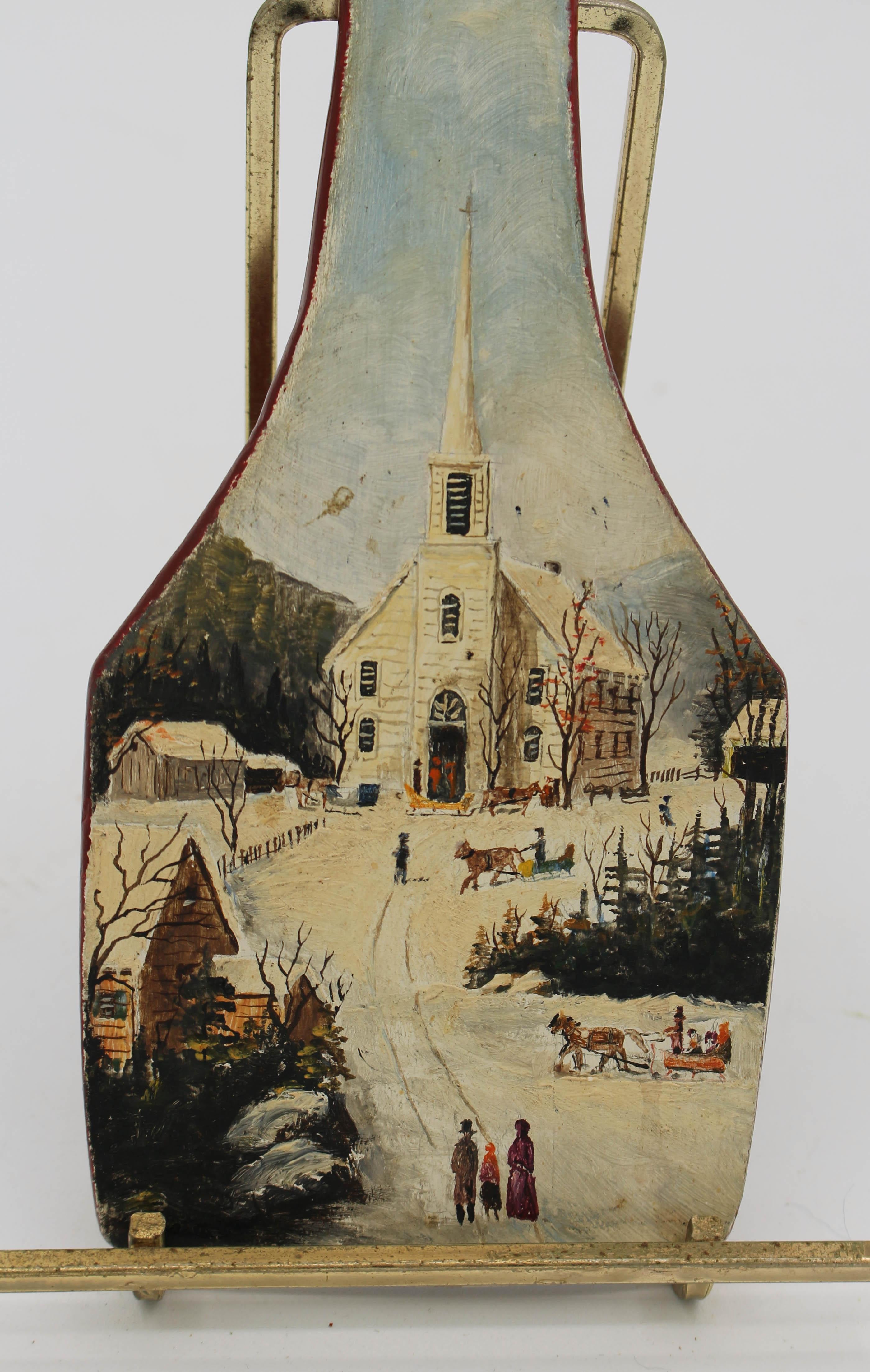 Charming Folk Art Winter Scene Painting on Paddle For Sale 3