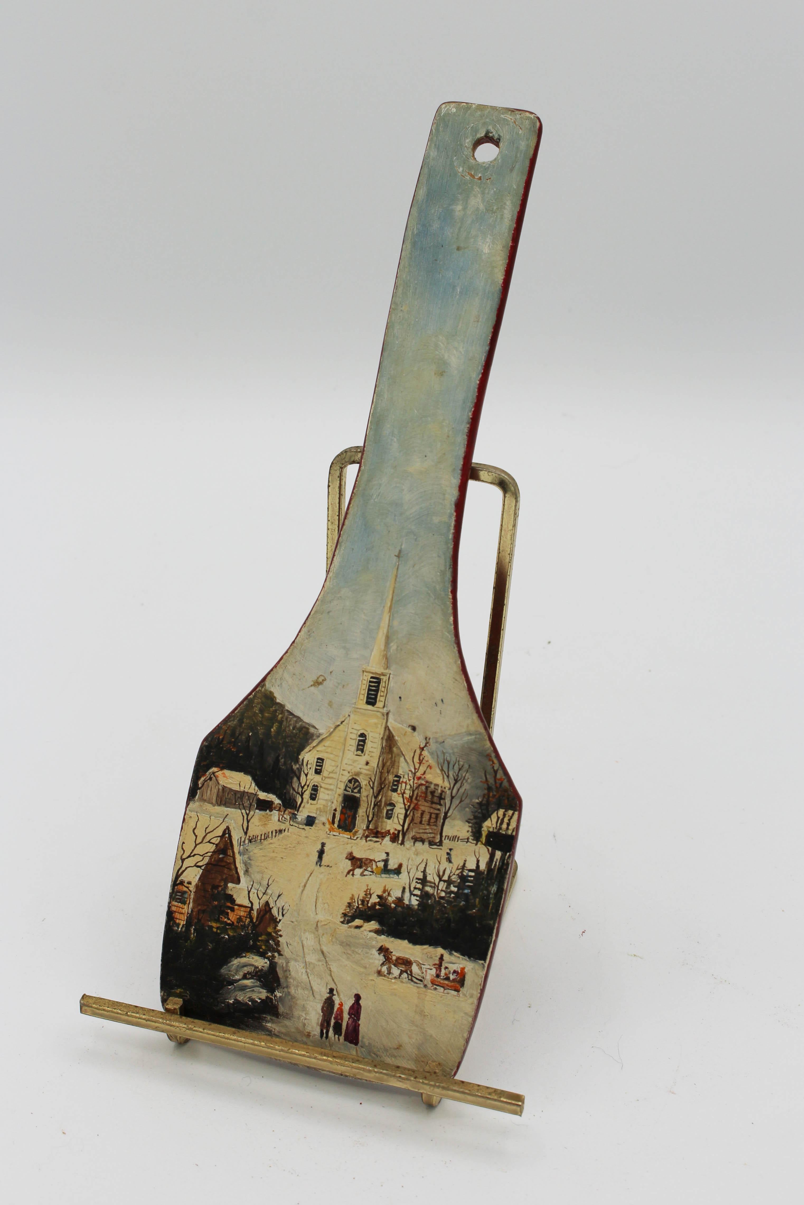 Charming Folk Art Winter Scene Painting on Paddle For Sale 4