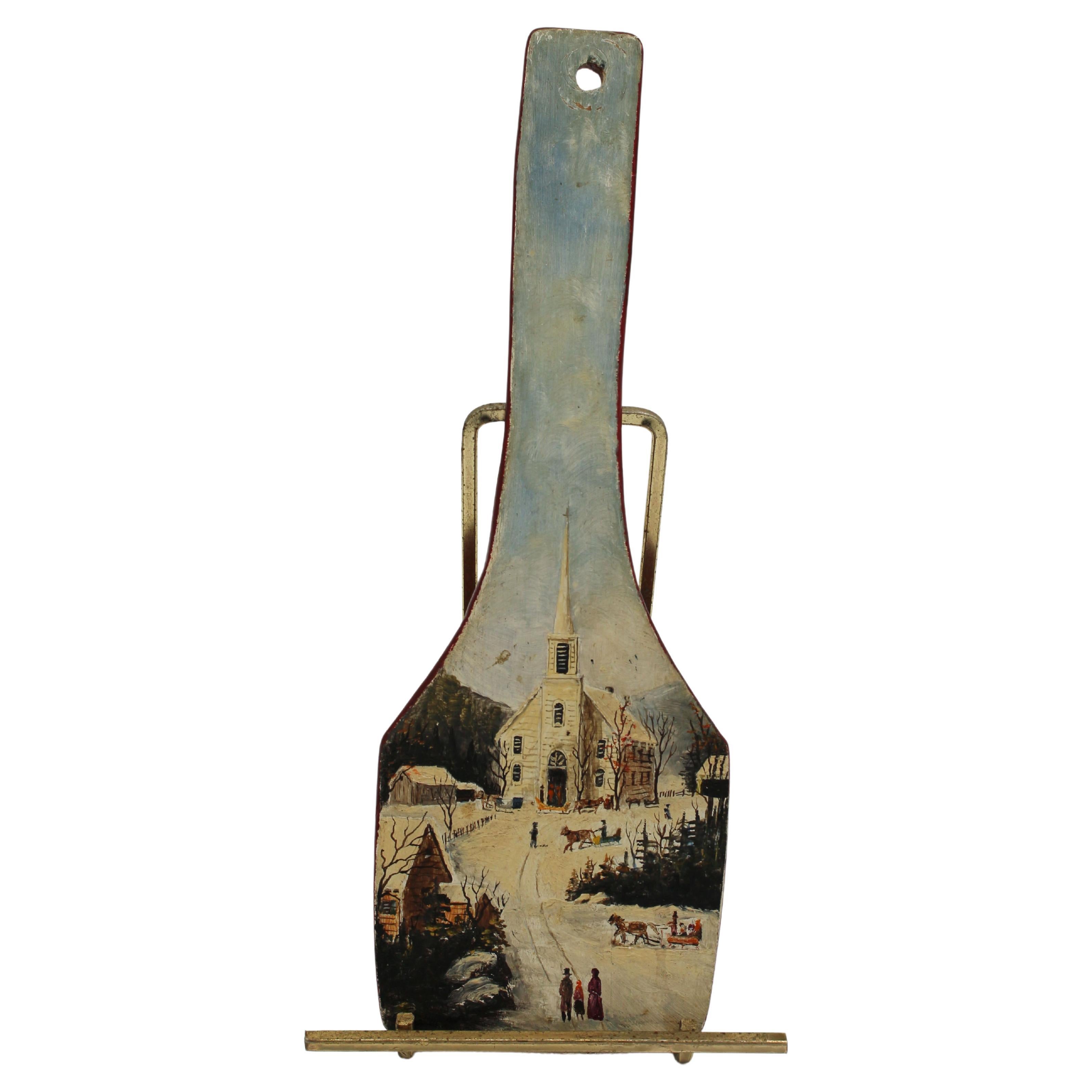 Charming Folk Art Winter Scene Painting on Paddle For Sale