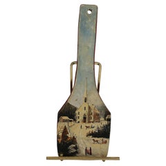 Antique Charming Folk Art Winter Scene Painting on Paddle