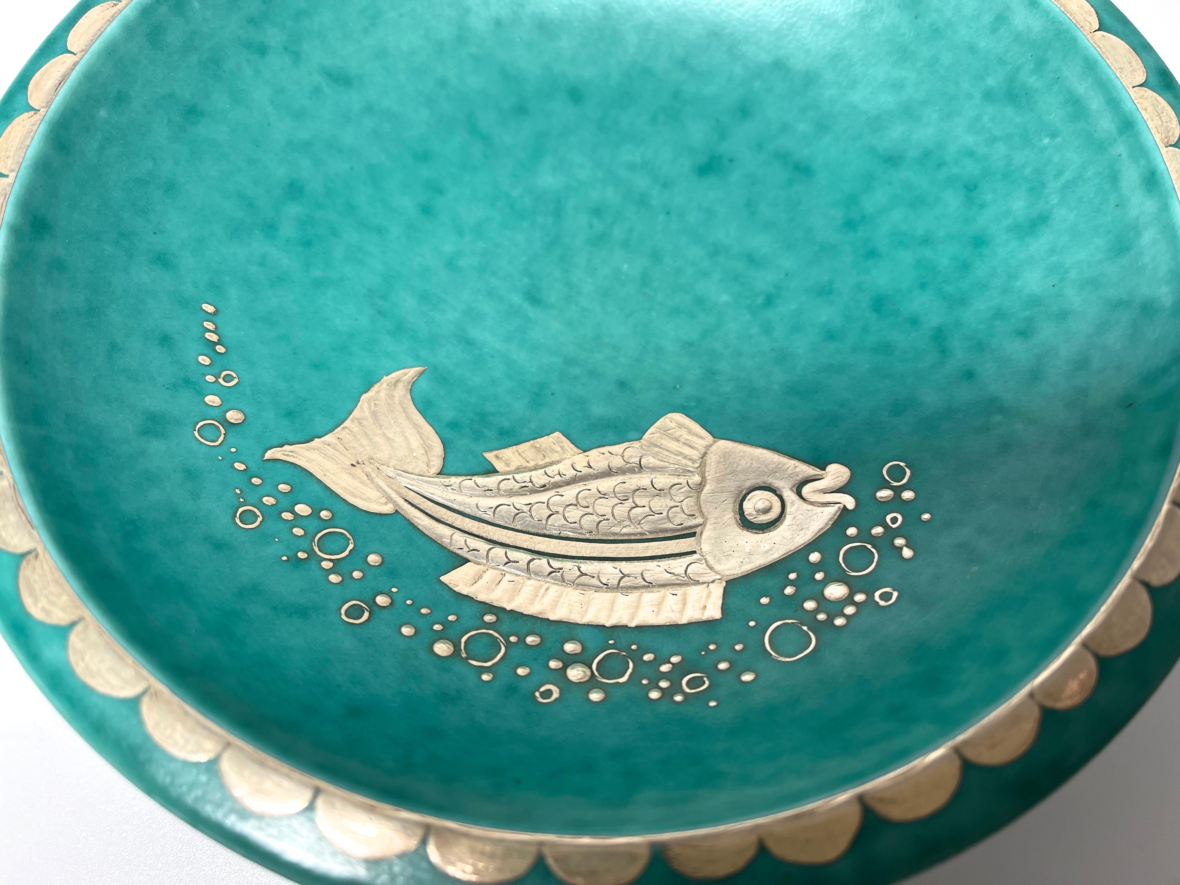 Glazed Charming Footed Dish Applied Silver Fish, Wilhelm Kage, Argenta Gustavsberg