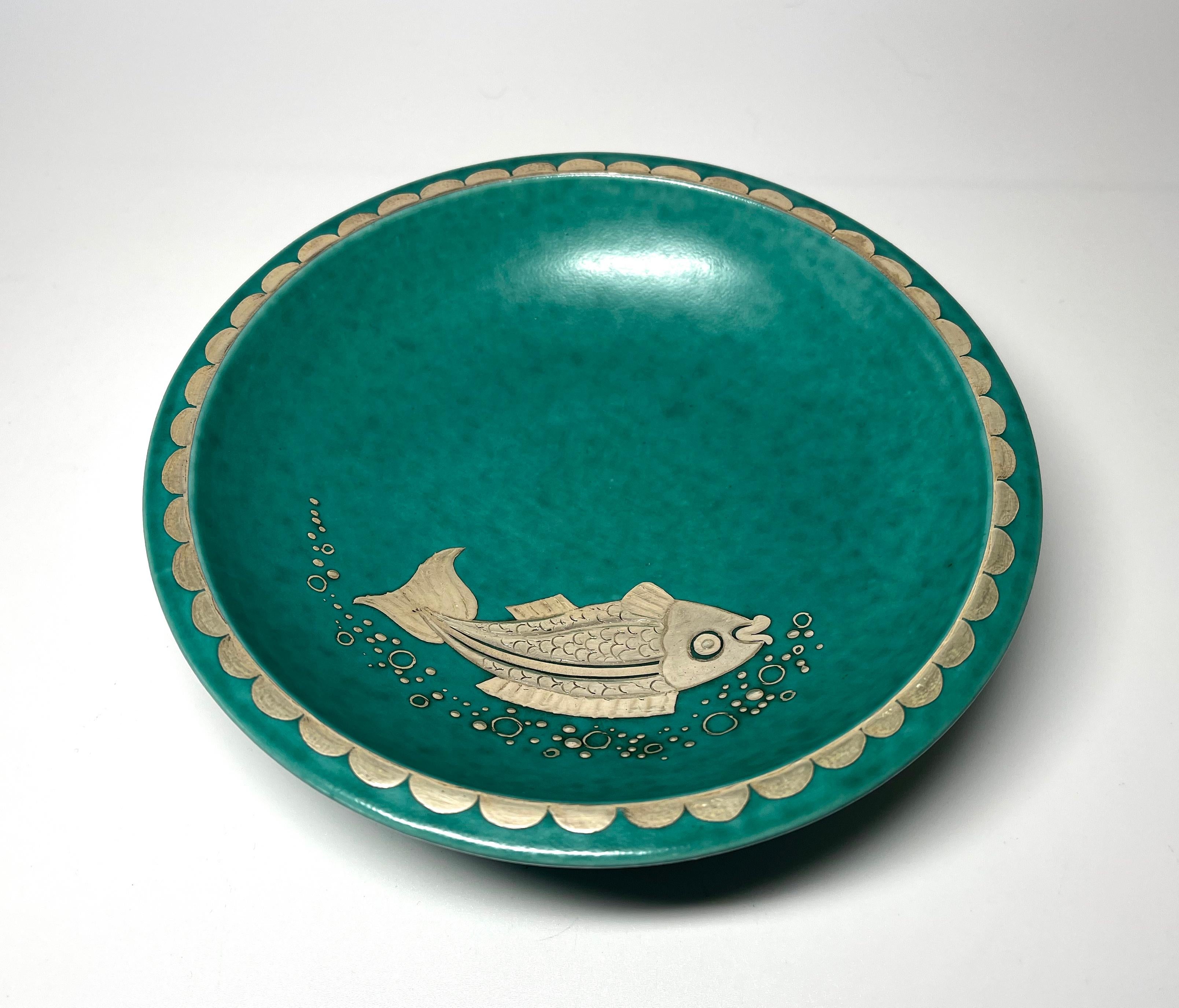 20th Century Charming Footed Dish Applied Silver Fish, Wilhelm Kage, Argenta Gustavsberg