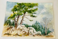 Affascinante paesaggio di montagna e foresta dipinto ad acquerello con charme