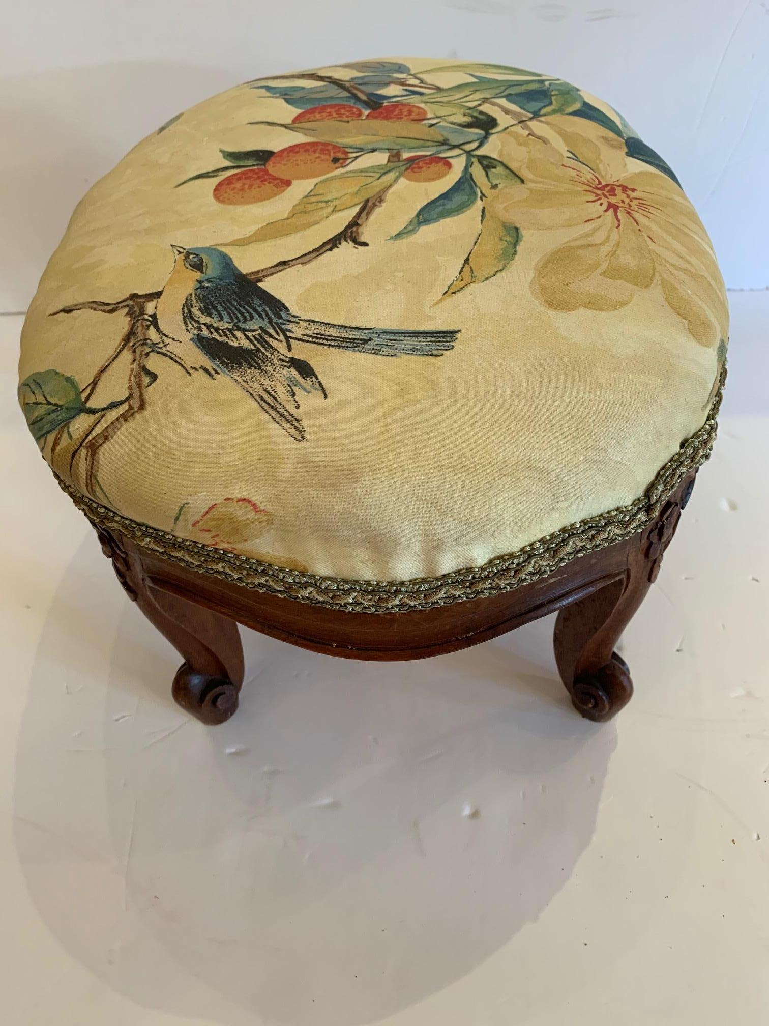 Charming French Antique Footstool Ottoman with Birds 1