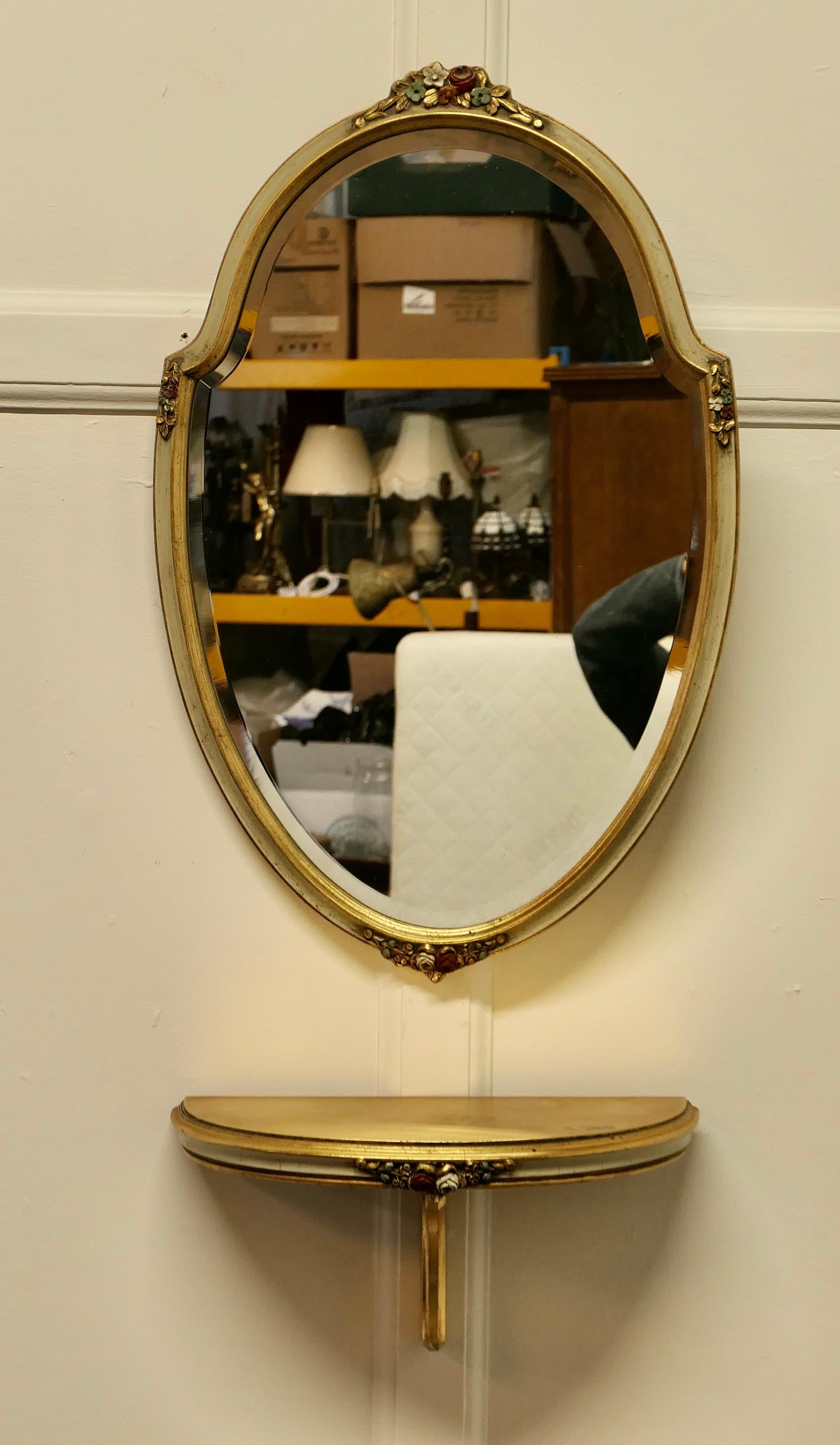 Art déco Charmante console barbola française dorée avec étagère et miroir en vente