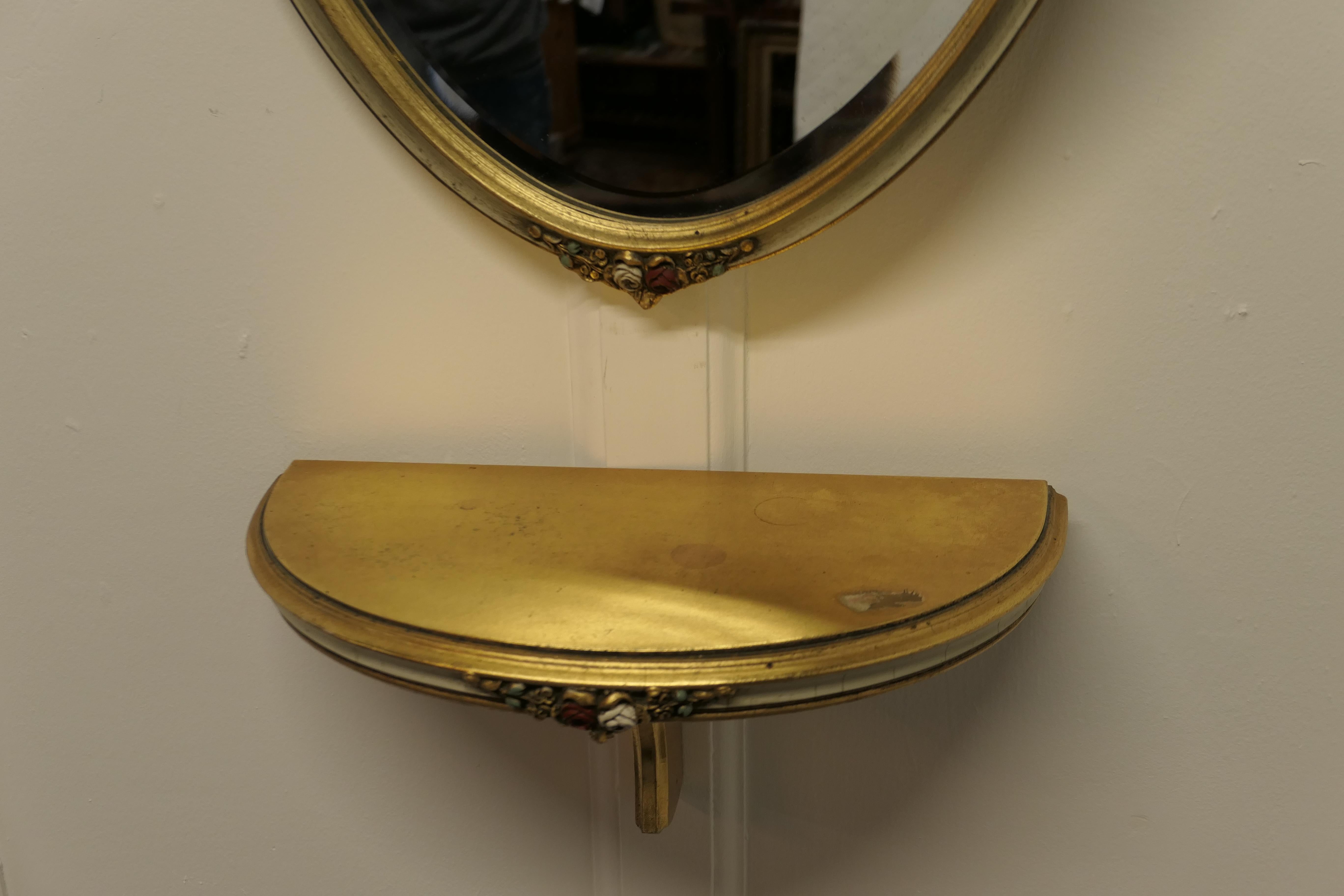 Art Deco Charming, French Barbola Gilt Console Shelf and Mirror For Sale