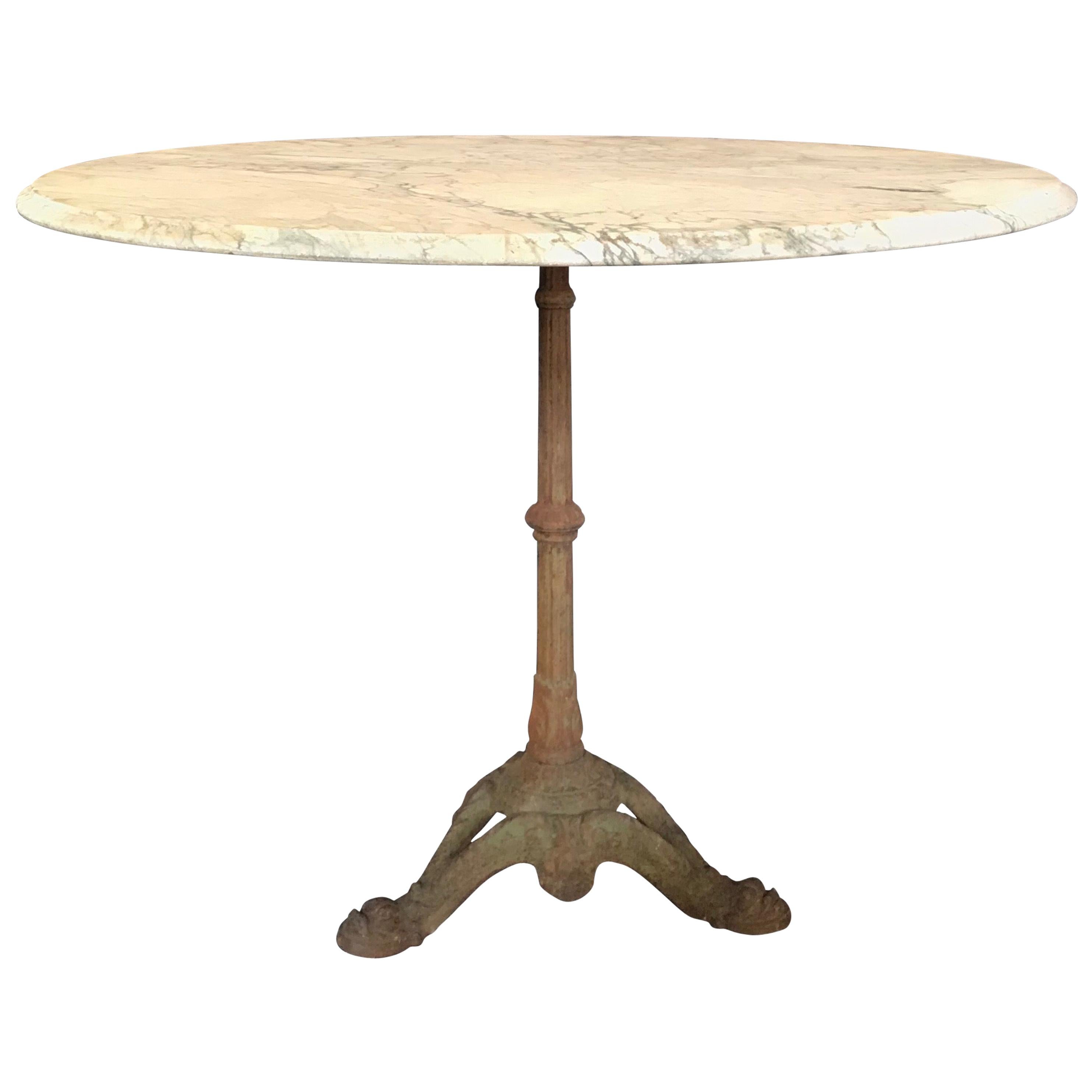 Charming French Cafe Bistro Table with Marble Top and Beautiful Dolphin Feet