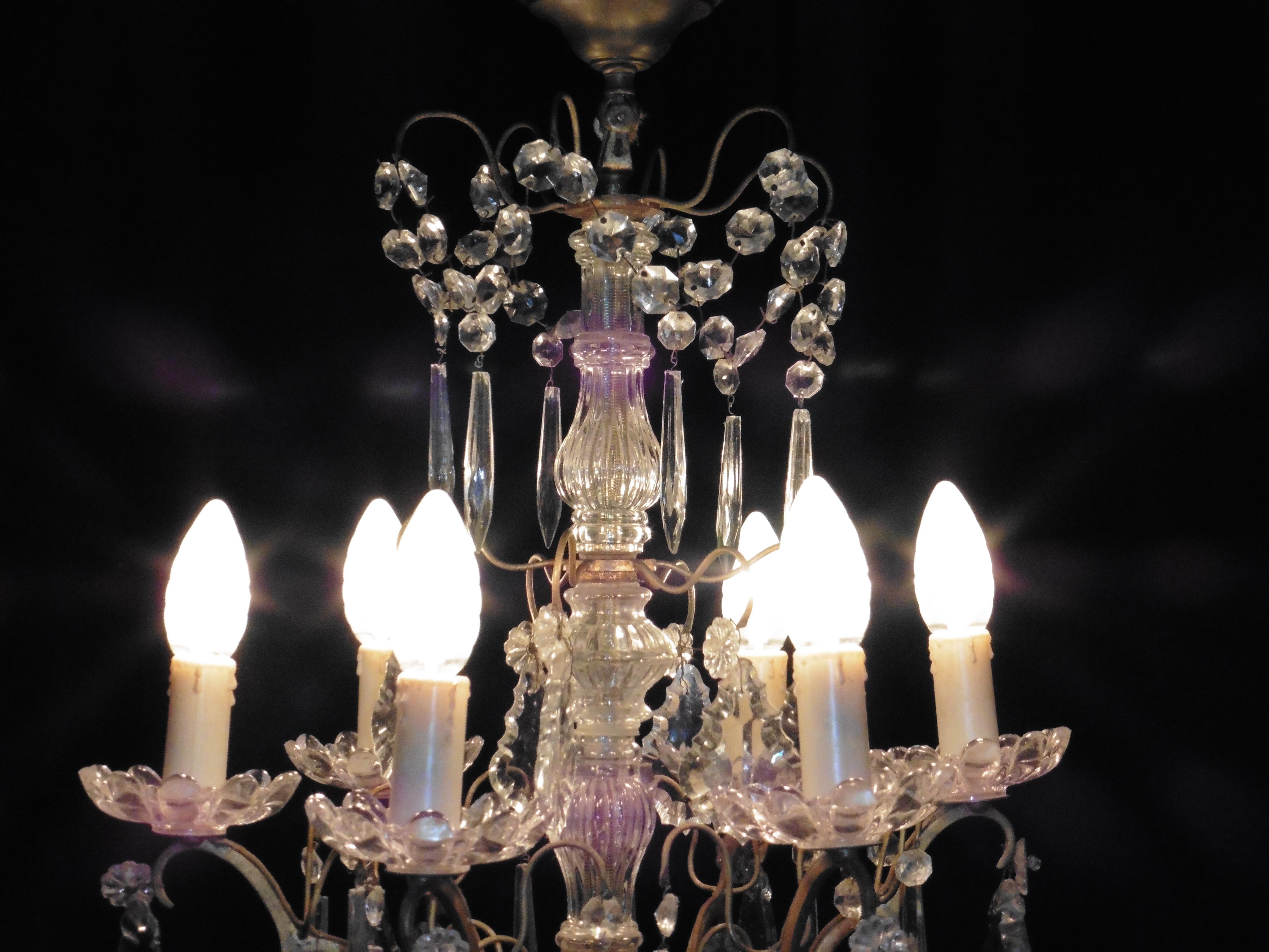 Charming French Cut Glass 6 Branch Brass Chandelier (Empire)