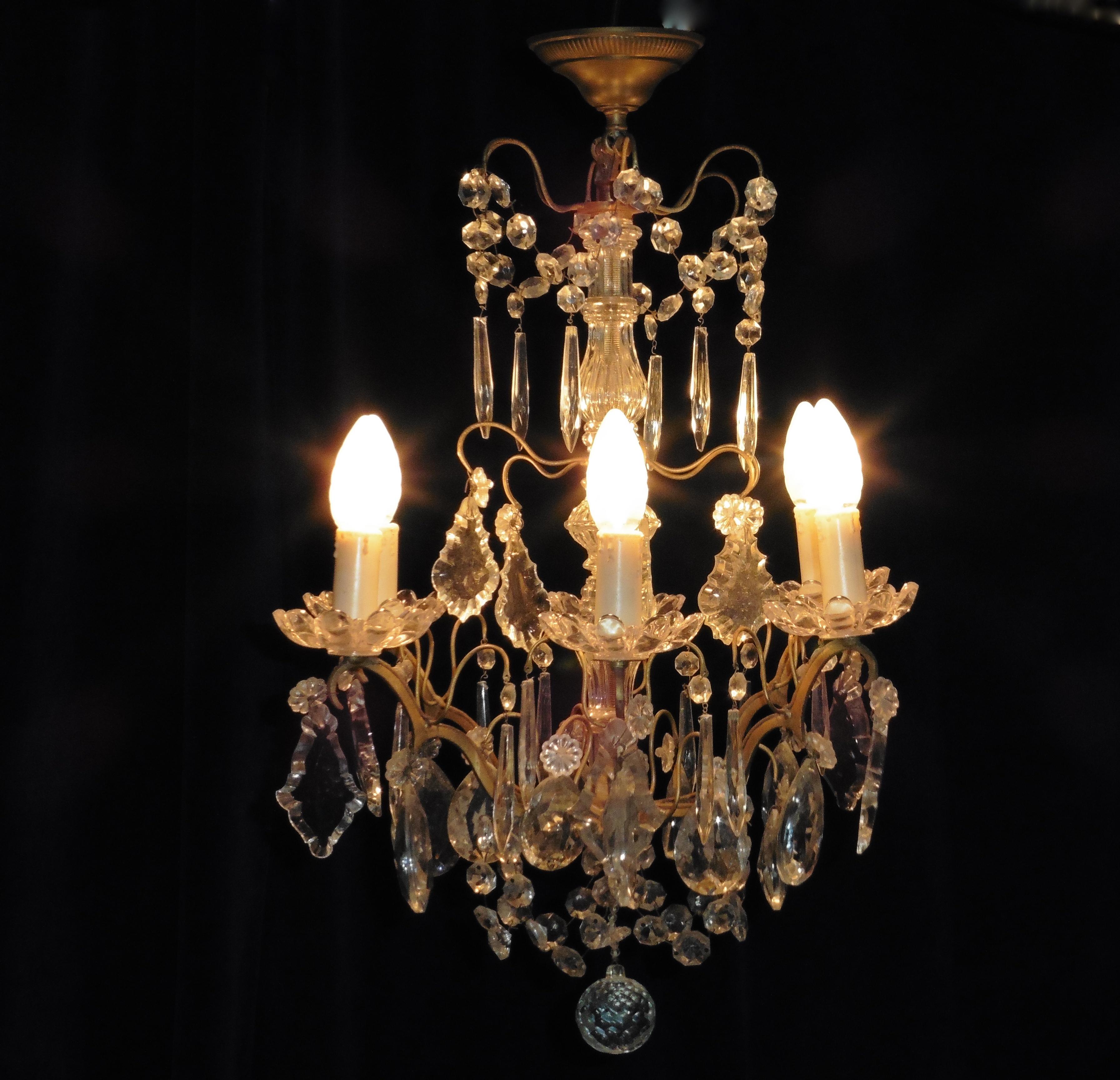 Charming French Cut Glass 6 Branch Brass Chandelier 1