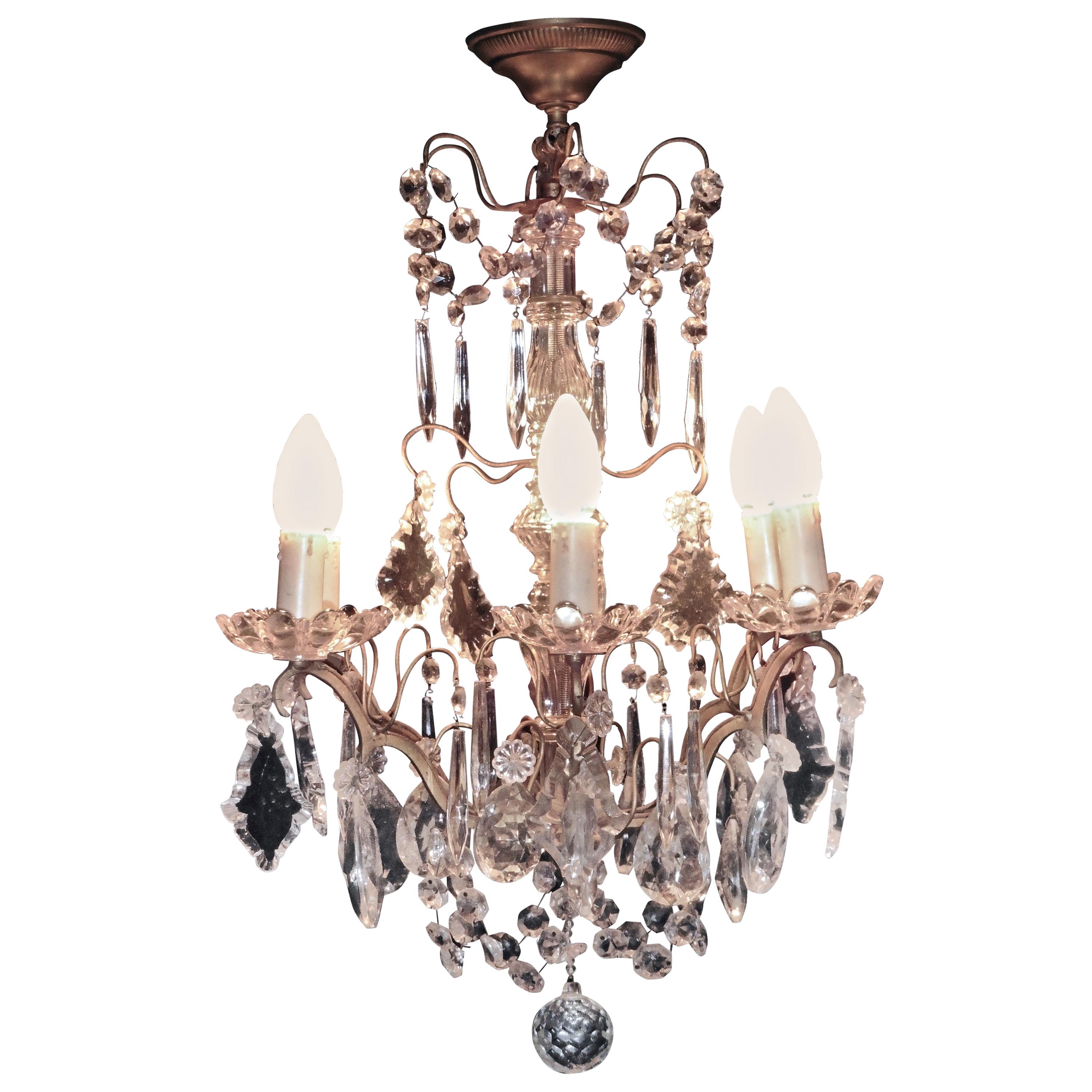 Charming French Cut Glass 6 Branch Brass Chandelier